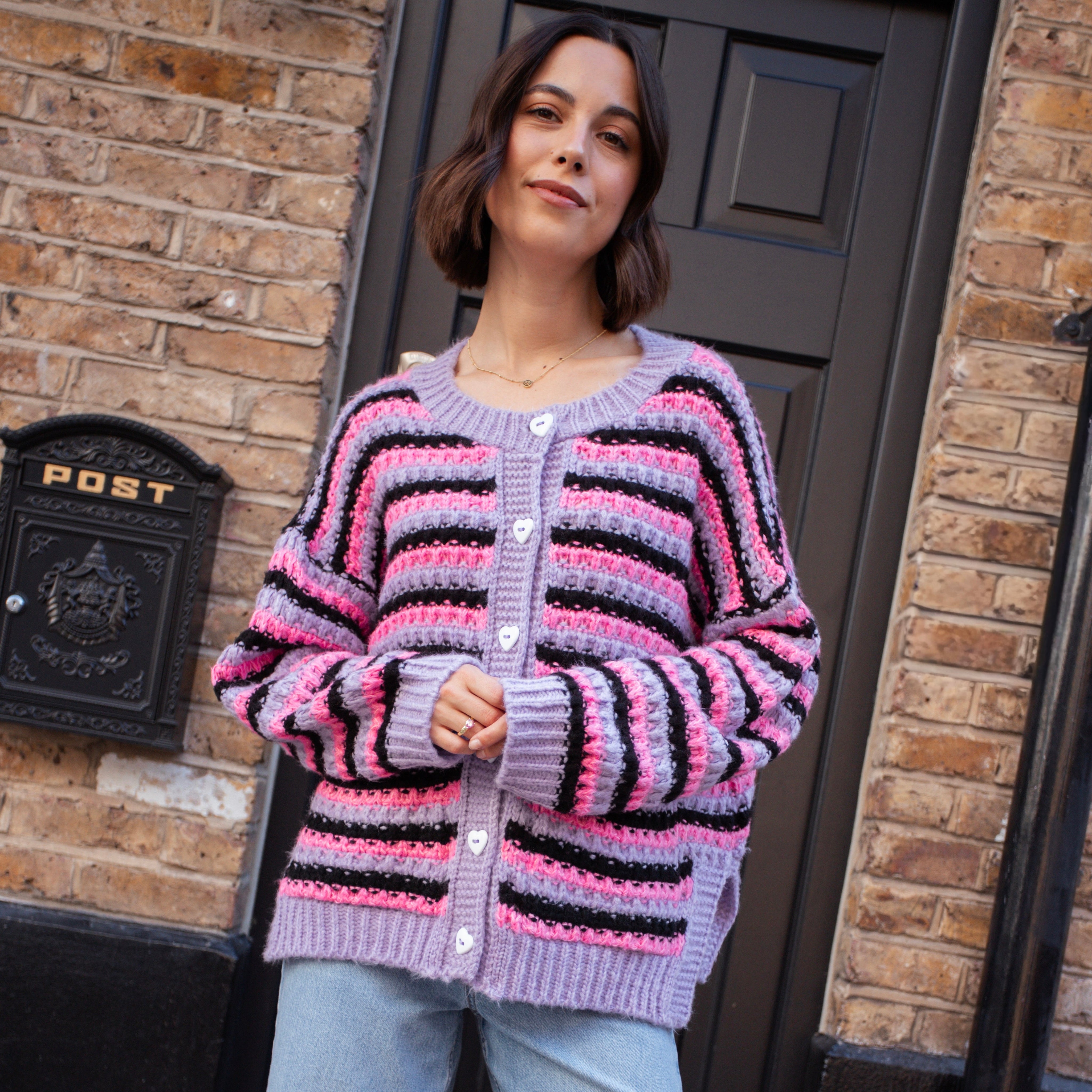 Bernice Stripe Cross Stitch Cardigan - Lilac