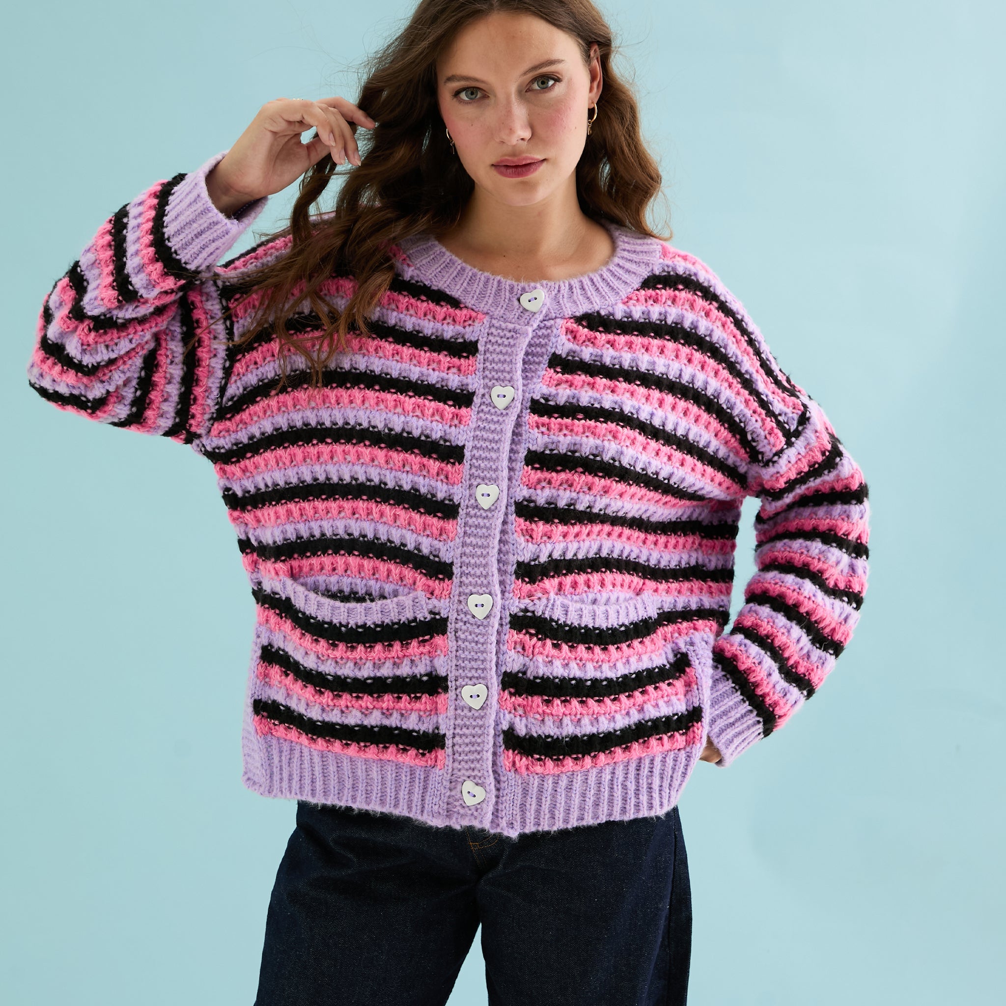 Bernice Stripe Cross Stitch Cardigan - Lilac