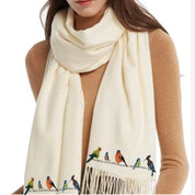 Cashmere Feel Luxury Scarf Handprinted With Birds on a Wire