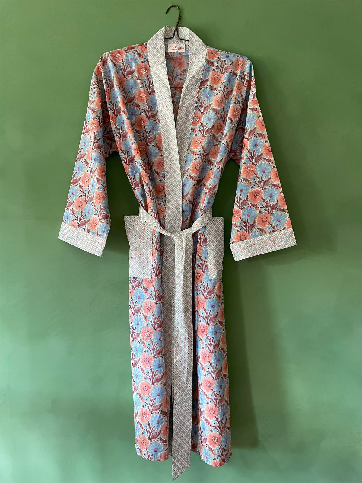 Block Print Cotton Robe, Duck Egg