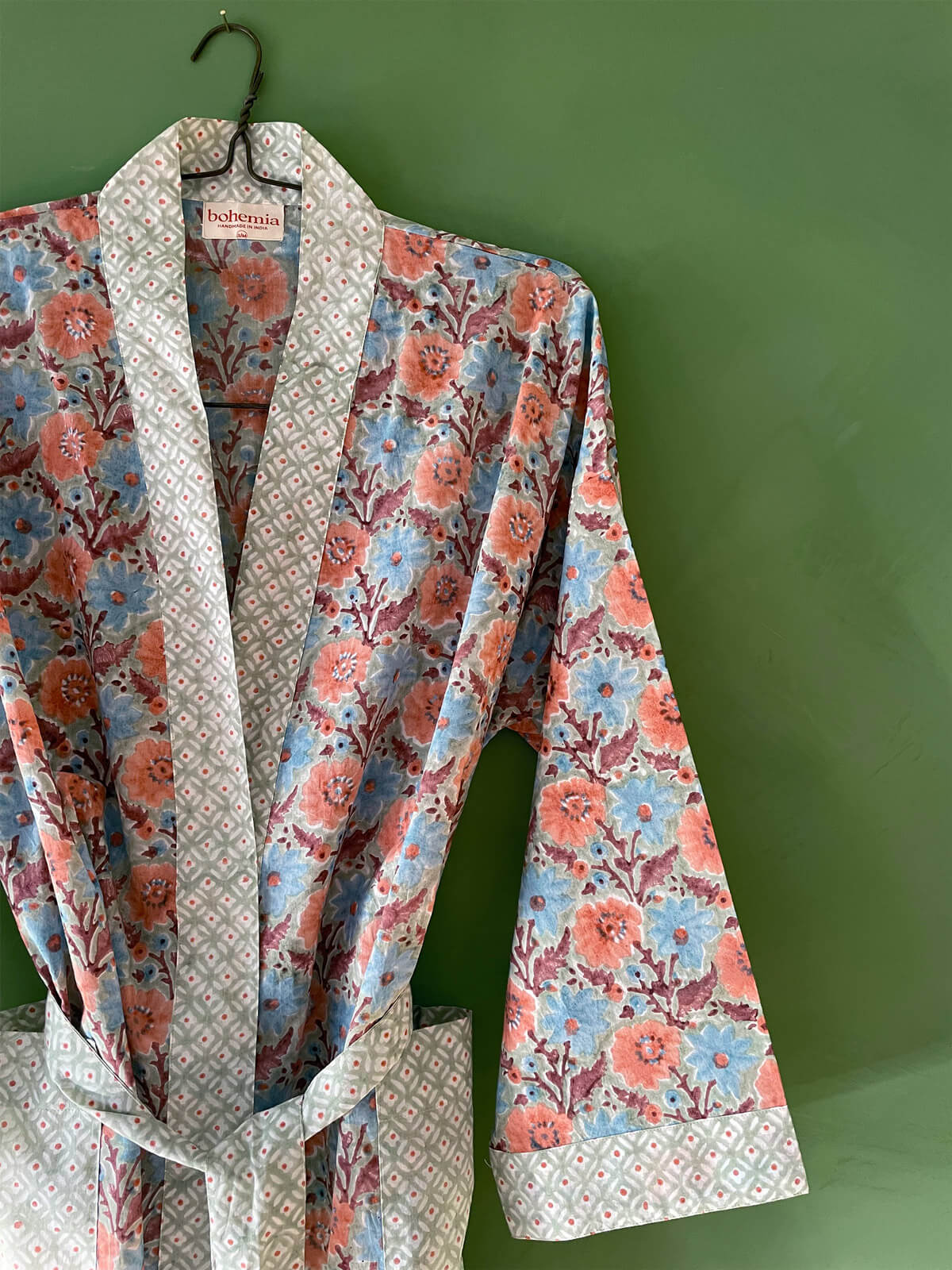 Block Print Cotton Robe, Duck Egg