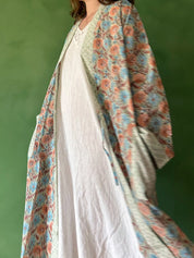 Block Print Cotton Robe, Duck Egg