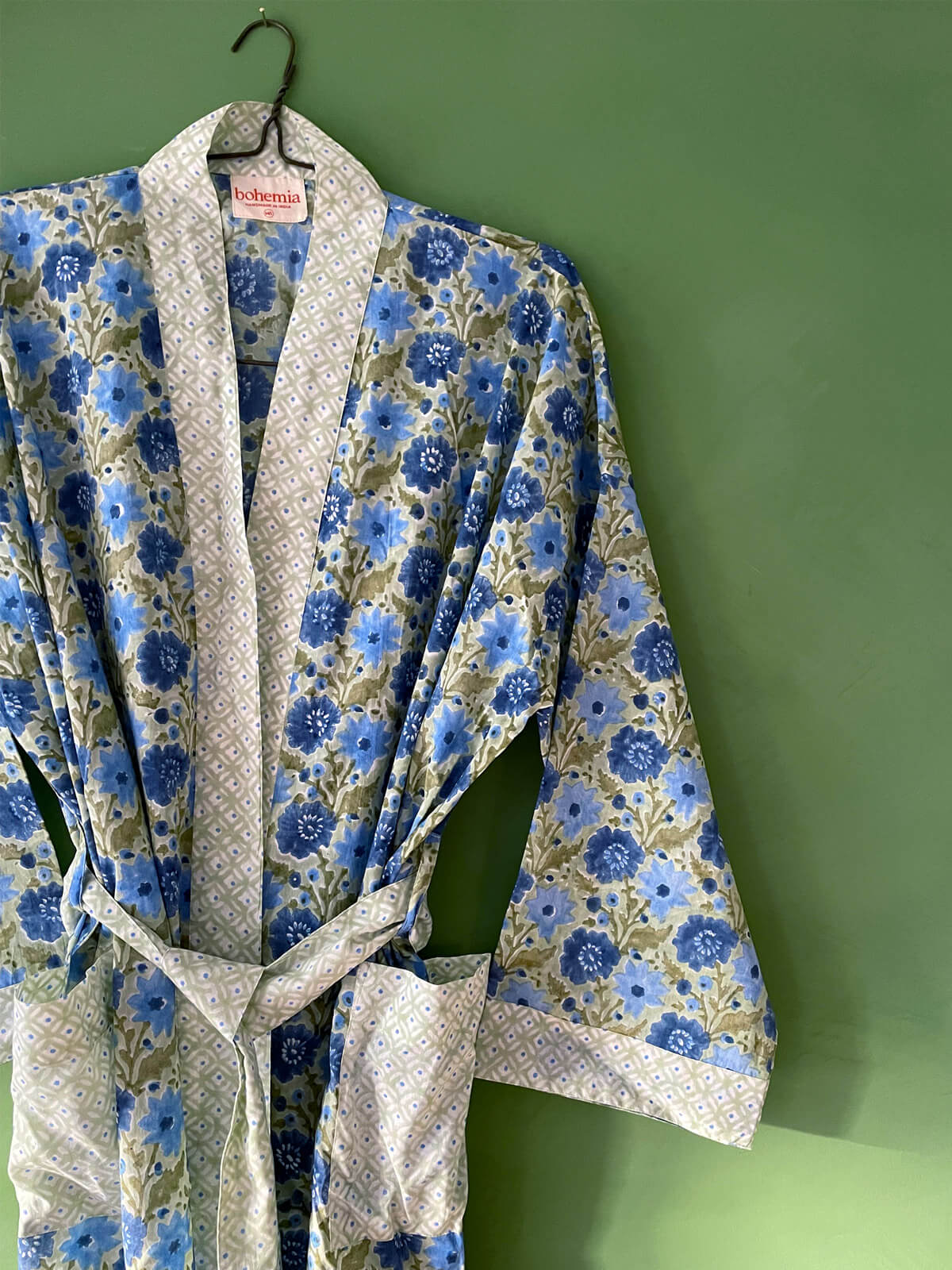 Block Print Cotton Robe, Sage