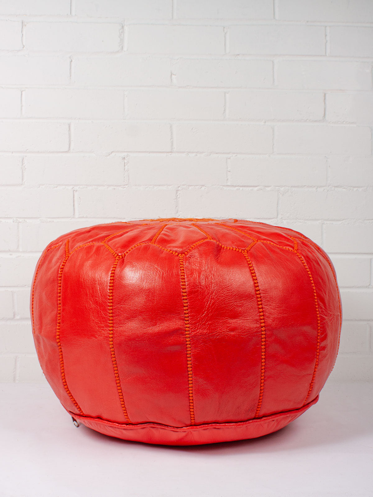 Moroccan Leather Pouffe, Deep Orange