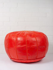 Moroccan Leather Pouffe, Deep Orange