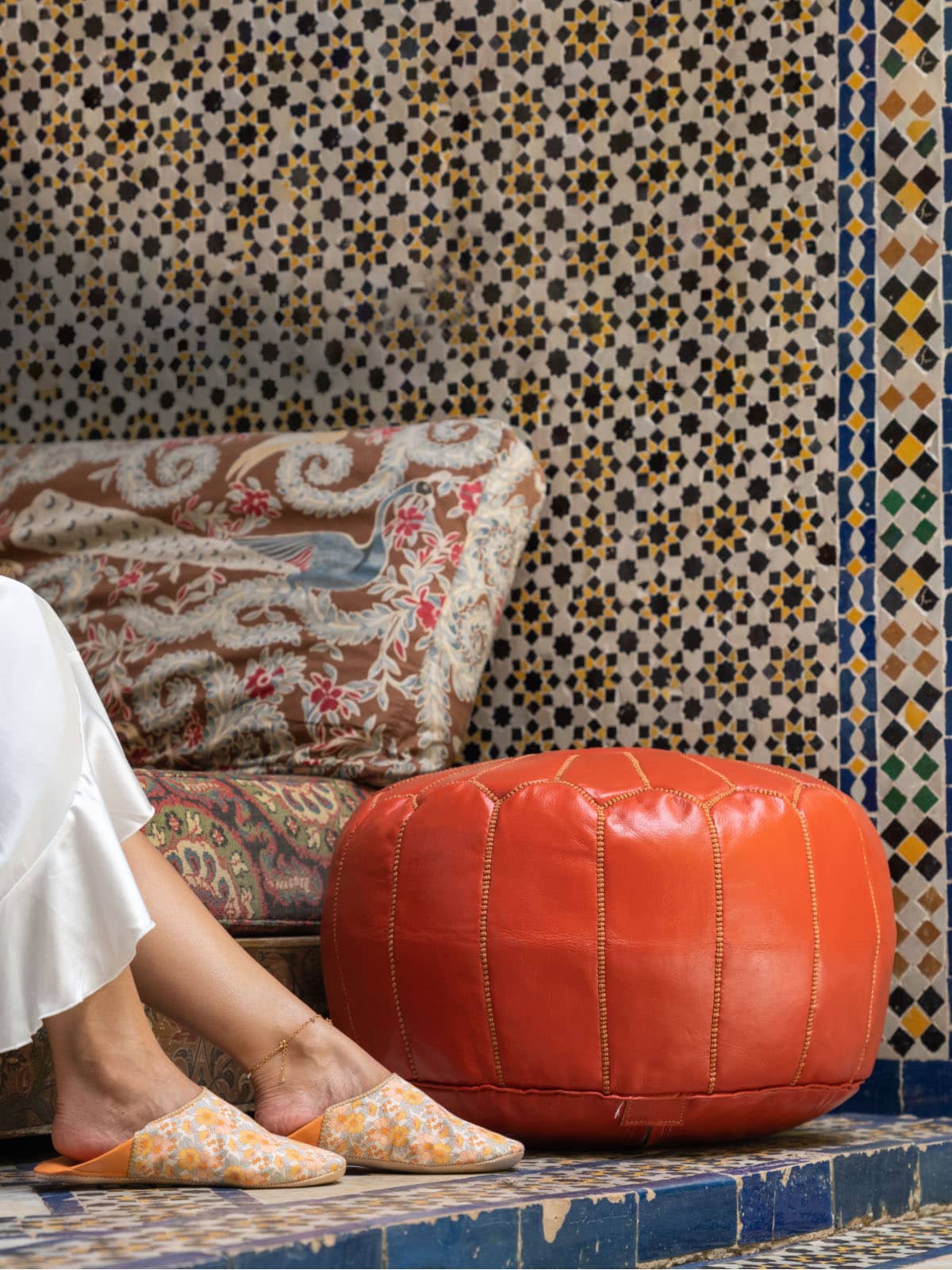 Moroccan Leather Pouffe, Deep Orange