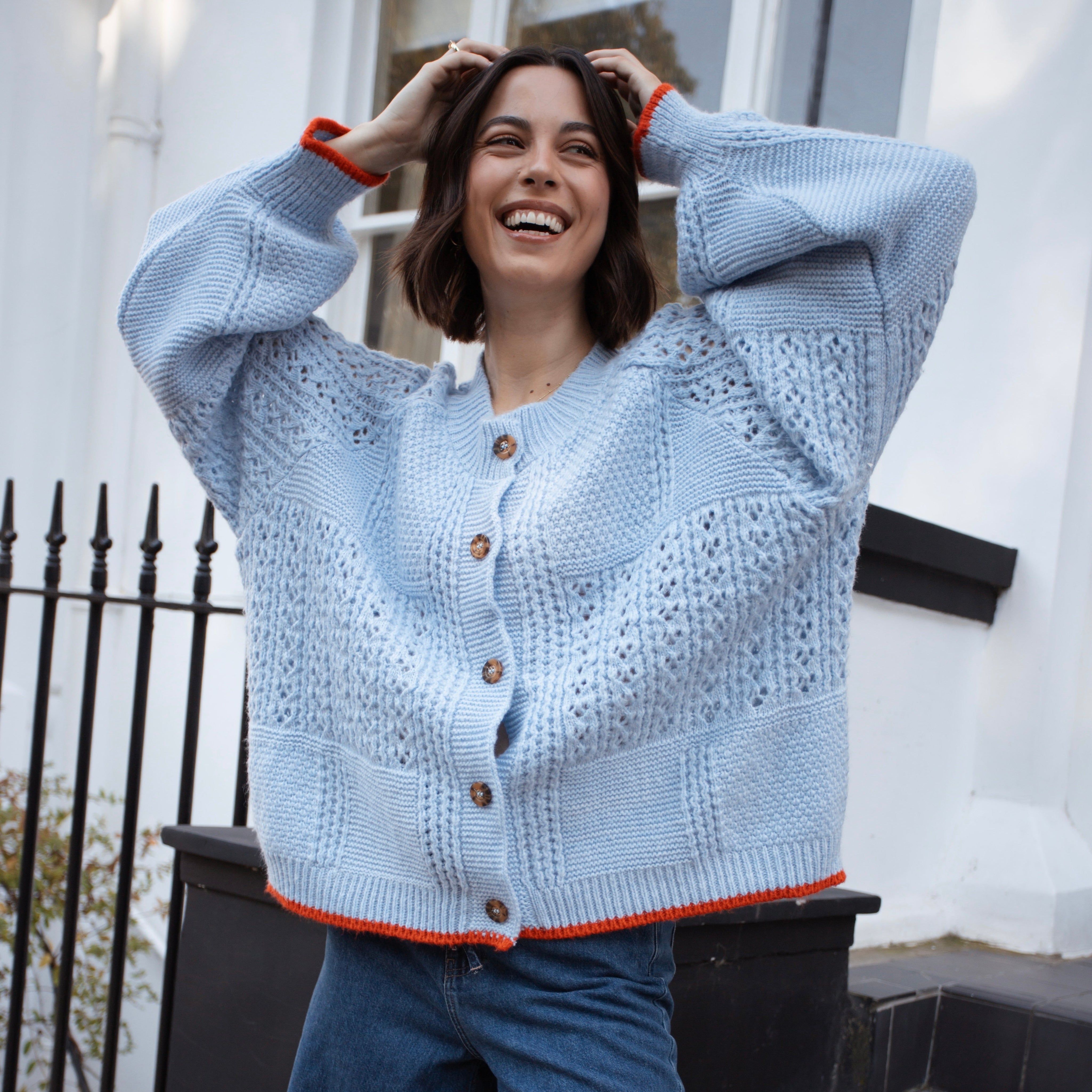 Brigit Pointelle Stitch Balloon Sleeve Cardigan - Blue