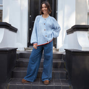 Brigit Pointelle Stitch Balloon Sleeve Cardigan - Blue