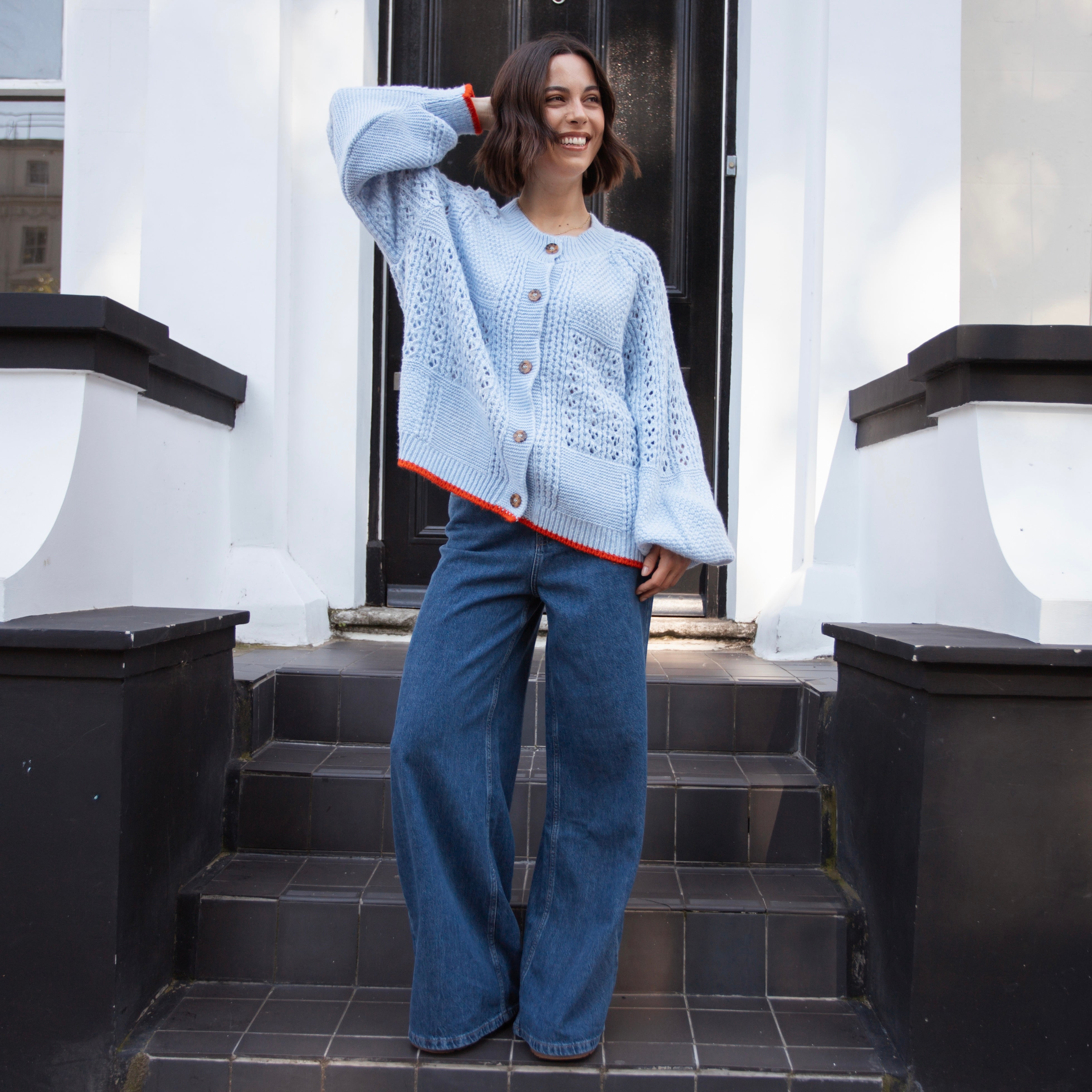 Brigit Pointelle Stitch Balloon Sleeve Cardigan - Blue