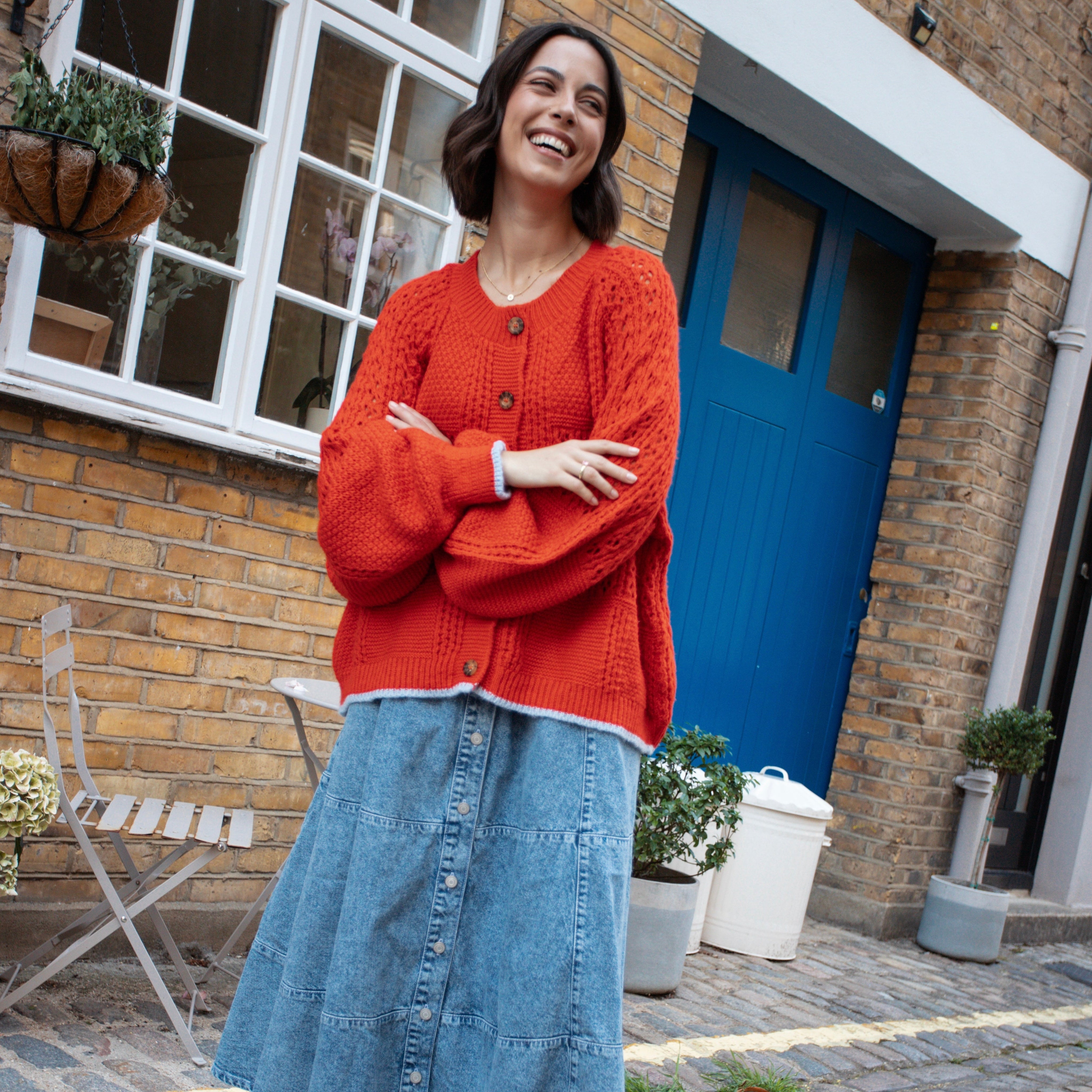 Brigit Pointelle Stitch Balloon Sleeve Cardigan - Orange