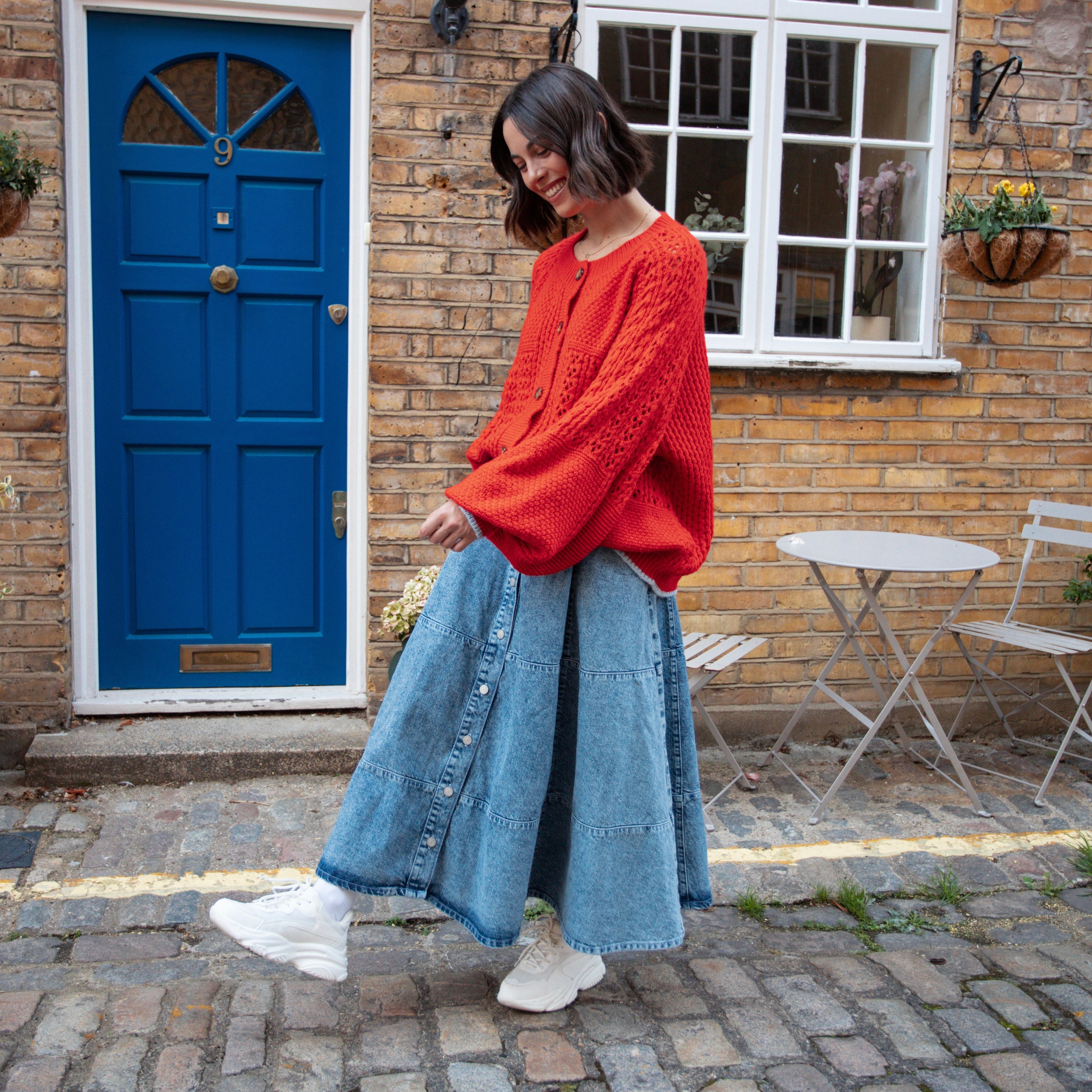 Brigit Pointelle Stitch Balloon Sleeve Cardigan - Orange