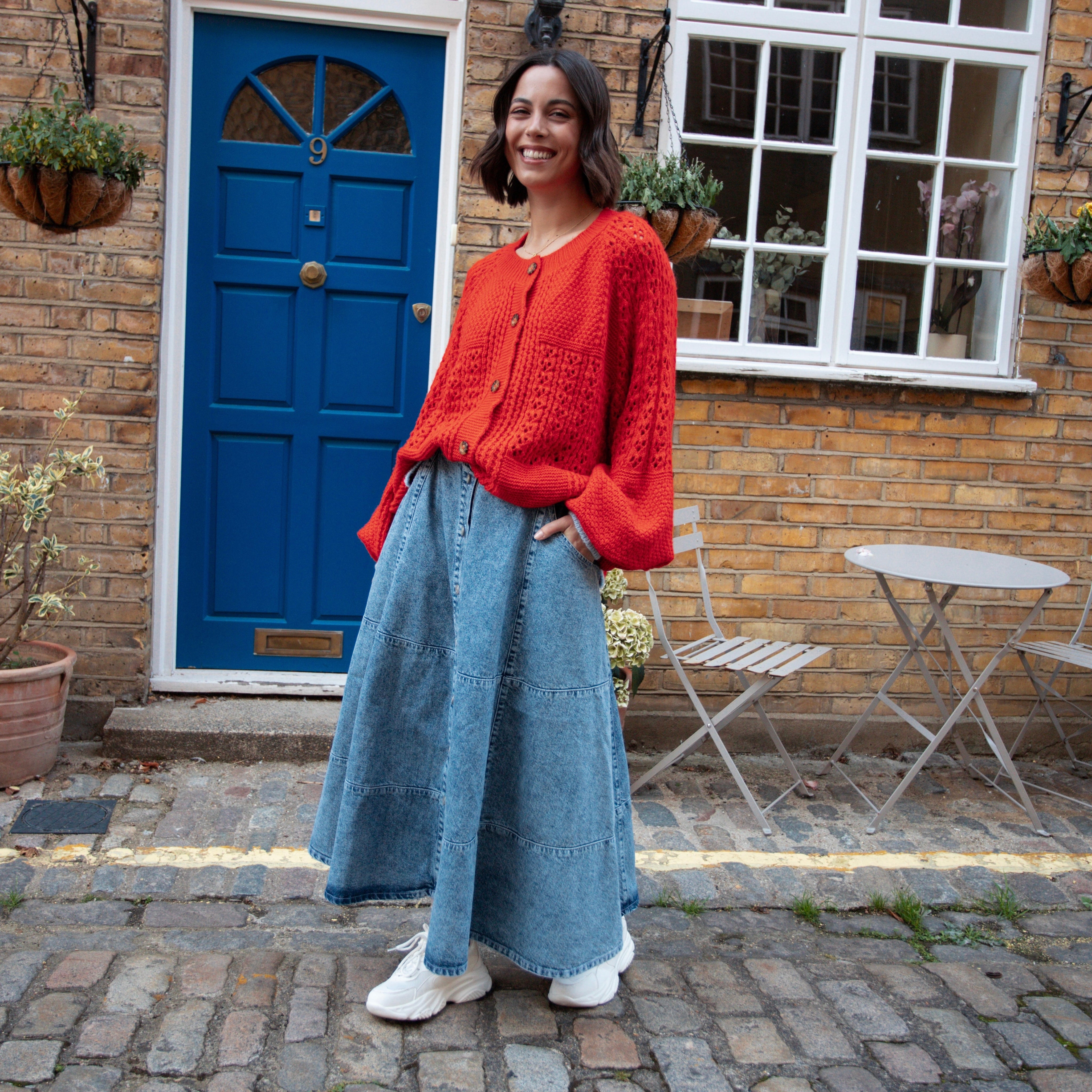 Brigit Pointelle Stitch Balloon Sleeve Cardigan - Orange