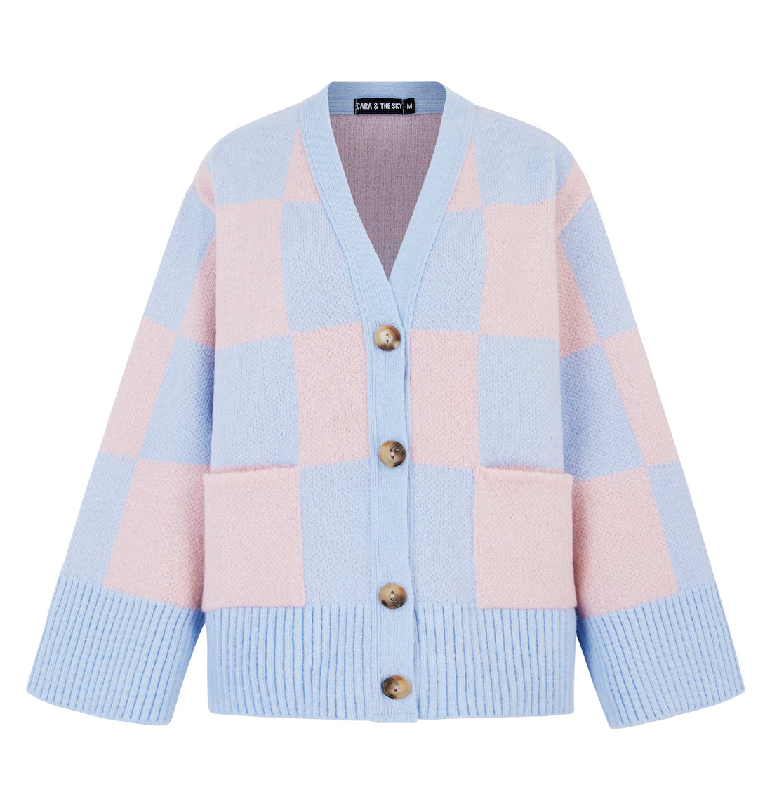 Candice Checked Wide Sleeve Cardigan - Pink & Blue