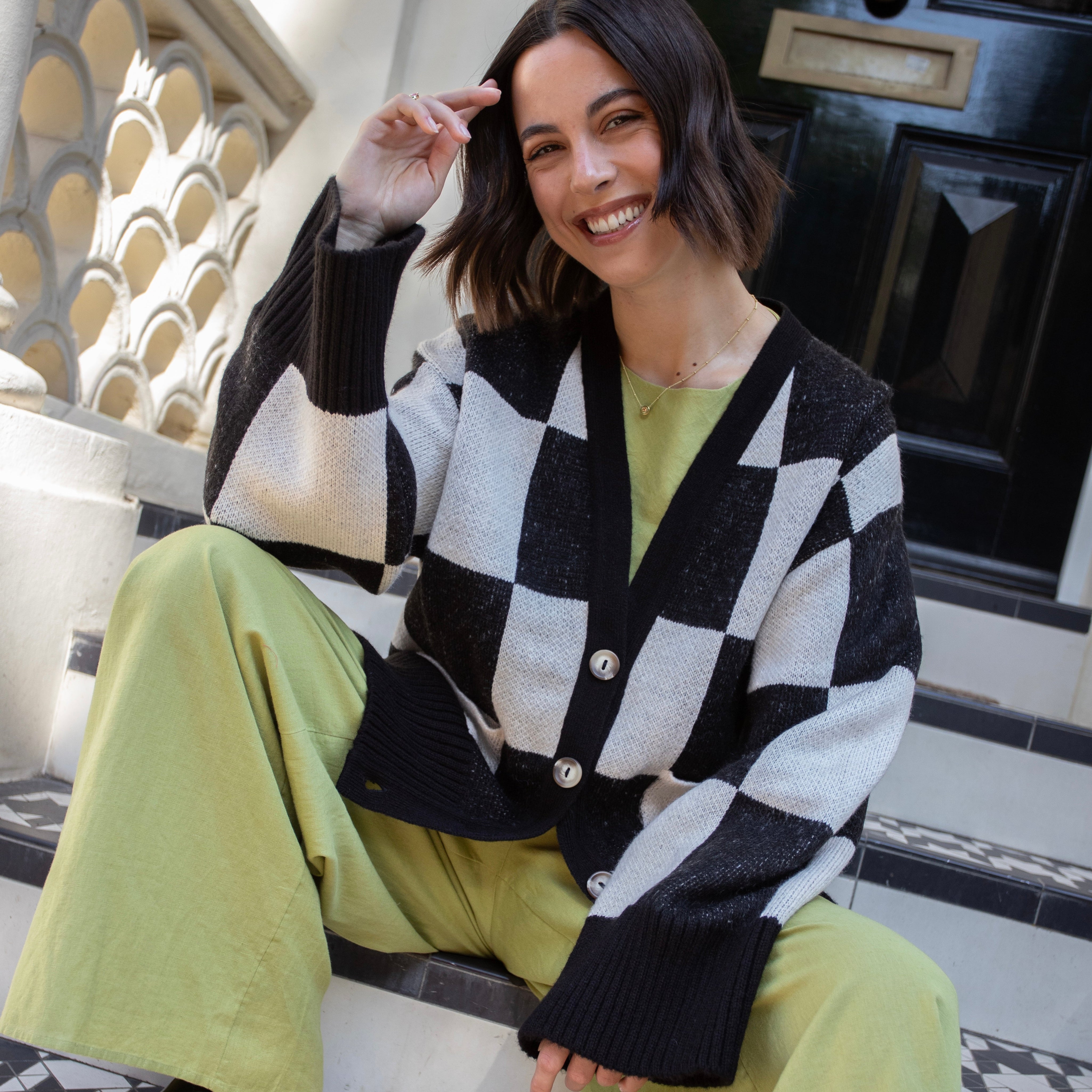 Candice Checked Oversized Chunky Cardigan - Black & White