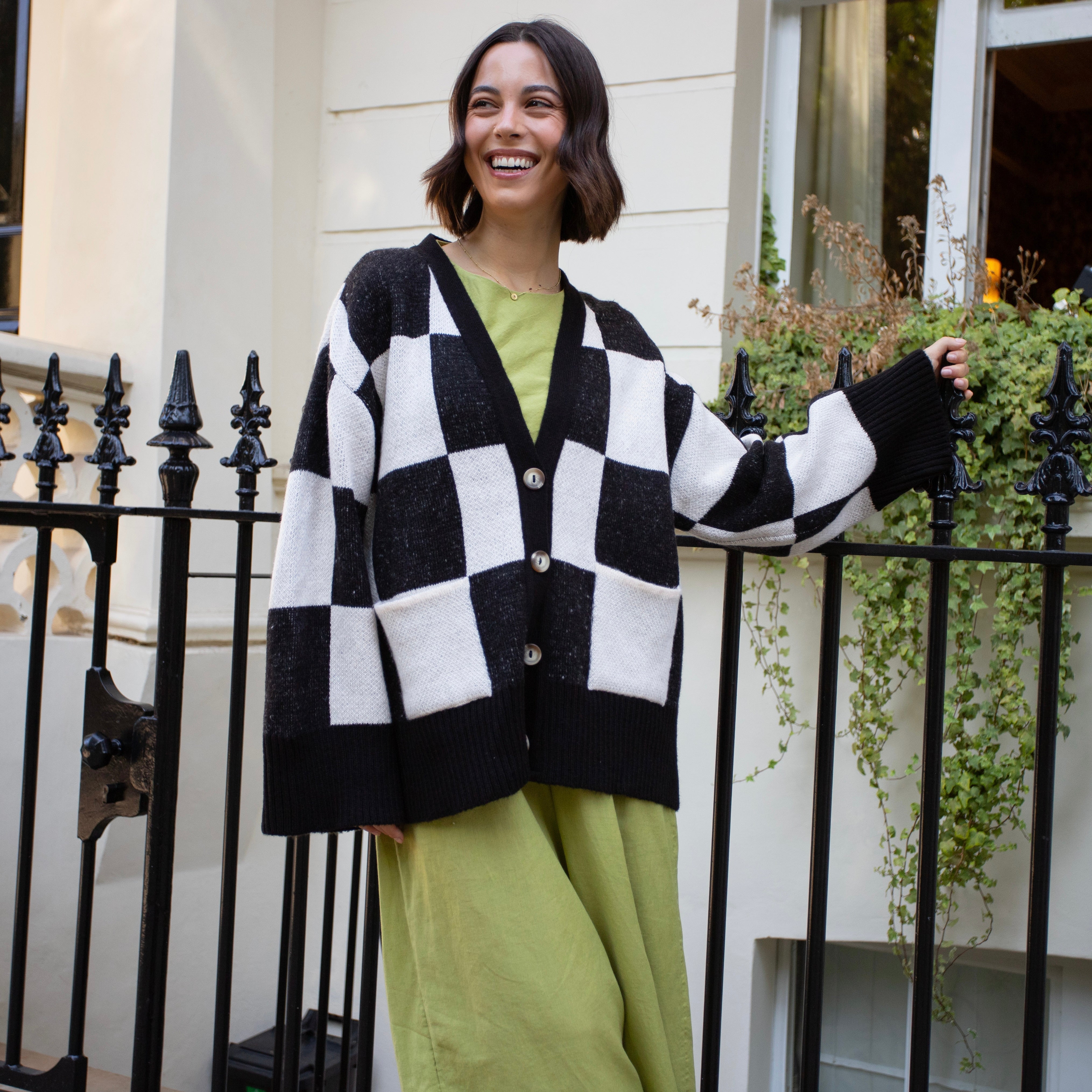 Candice Checked Oversized Chunky Cardigan - Black & White