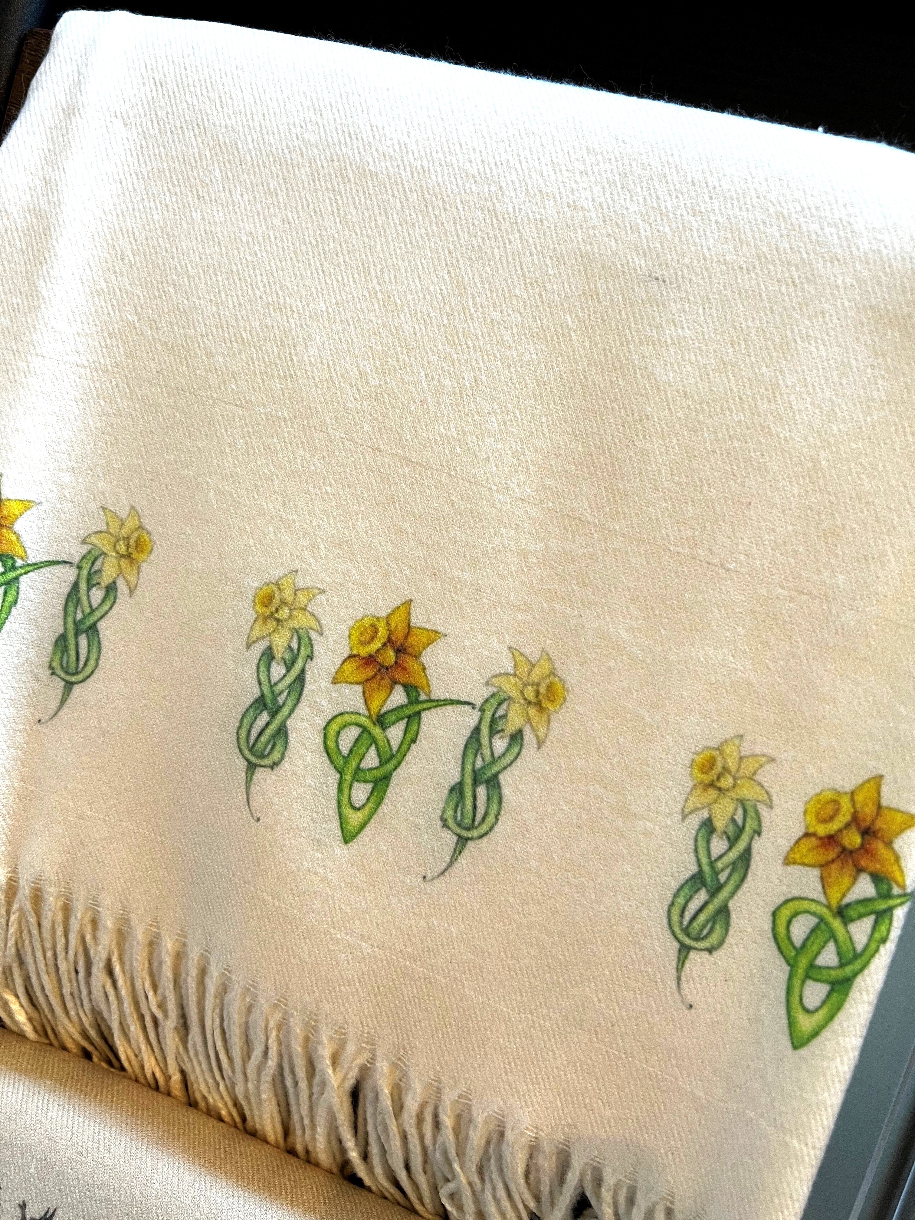 Cashmere Feel Luxury Scarf Handprinted With Celtic Daffodils