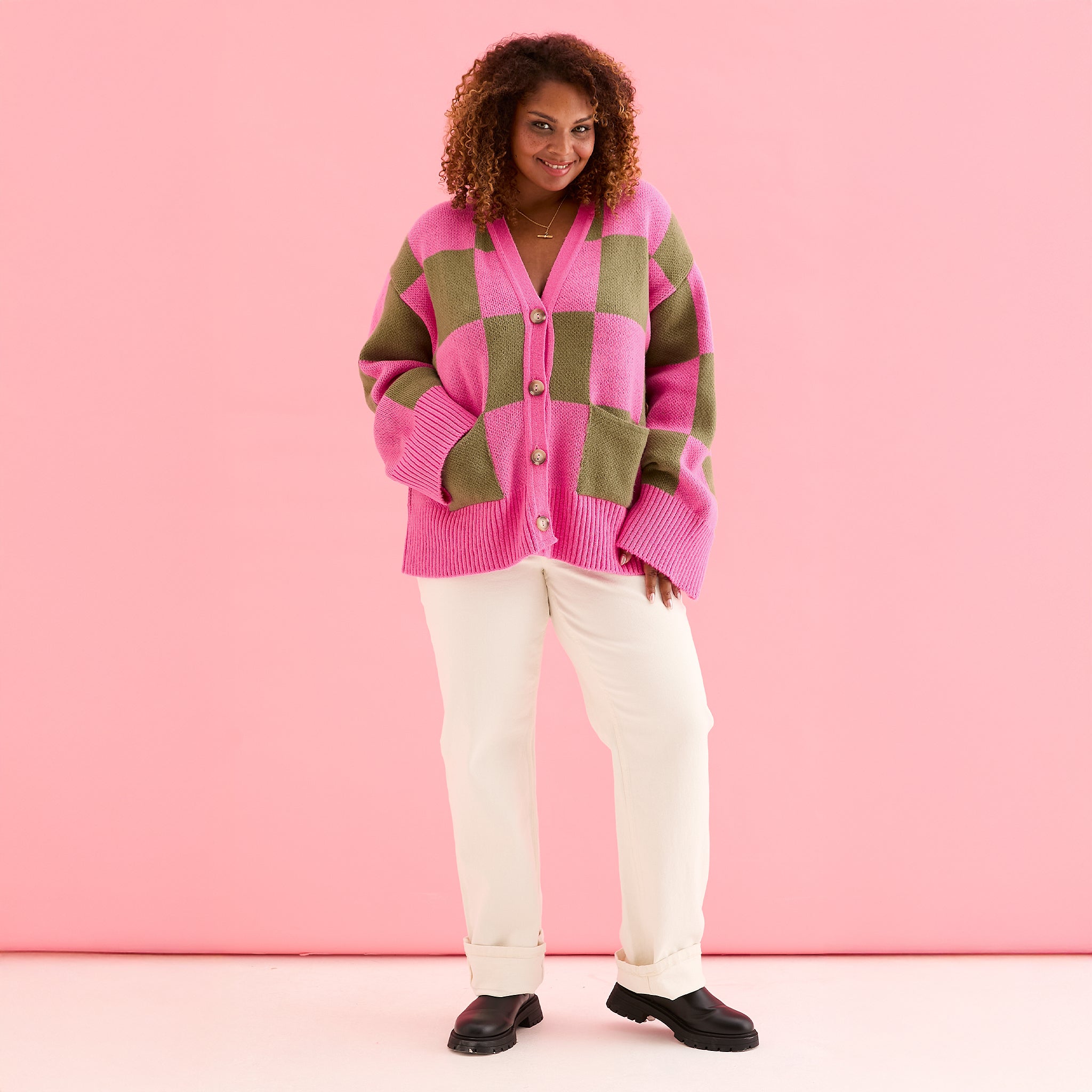 Candice Wide Sleeve Checked Button Cardigan - Pink & Green
