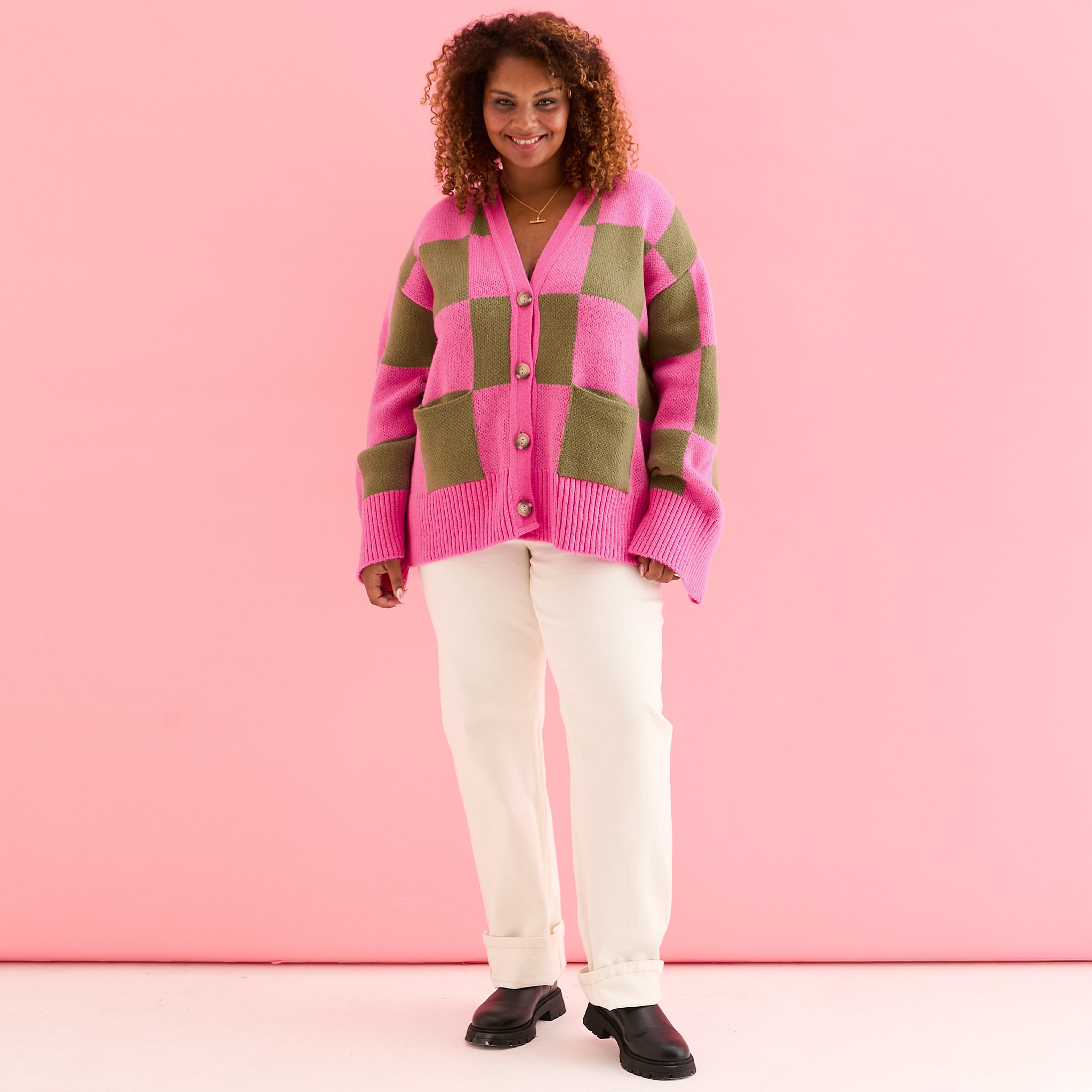 Candice Wide Sleeve Checked Button Cardigan - Pink & Green