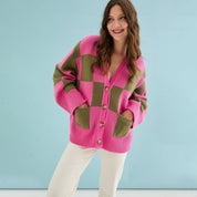 Candice Wide Sleeve Checked Button Cardigan - Pink & Green