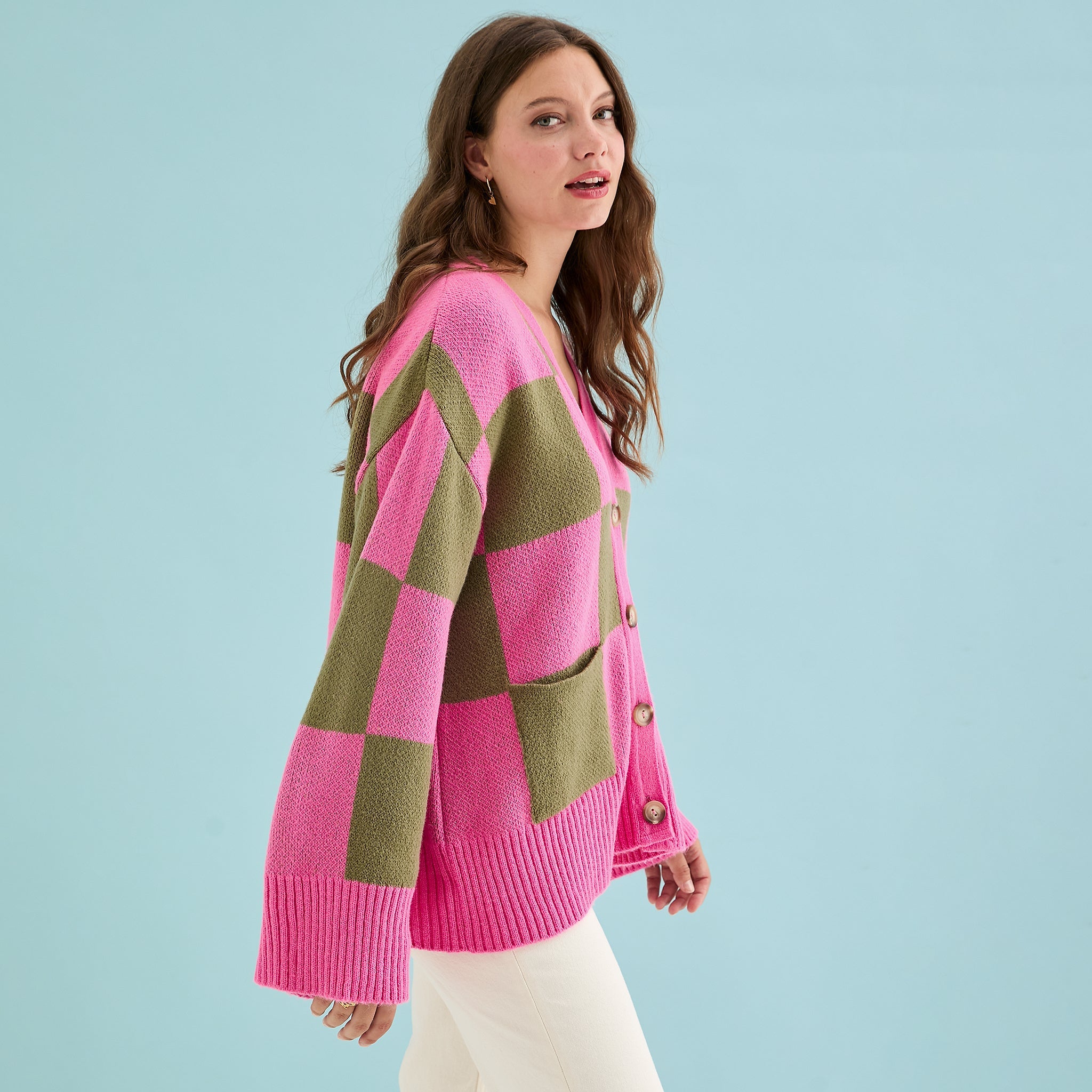 Candice Wide Sleeve Checked Button Cardigan - Pink & Green