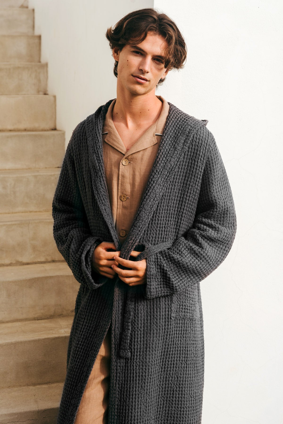 Men's waffle linen bathrobe