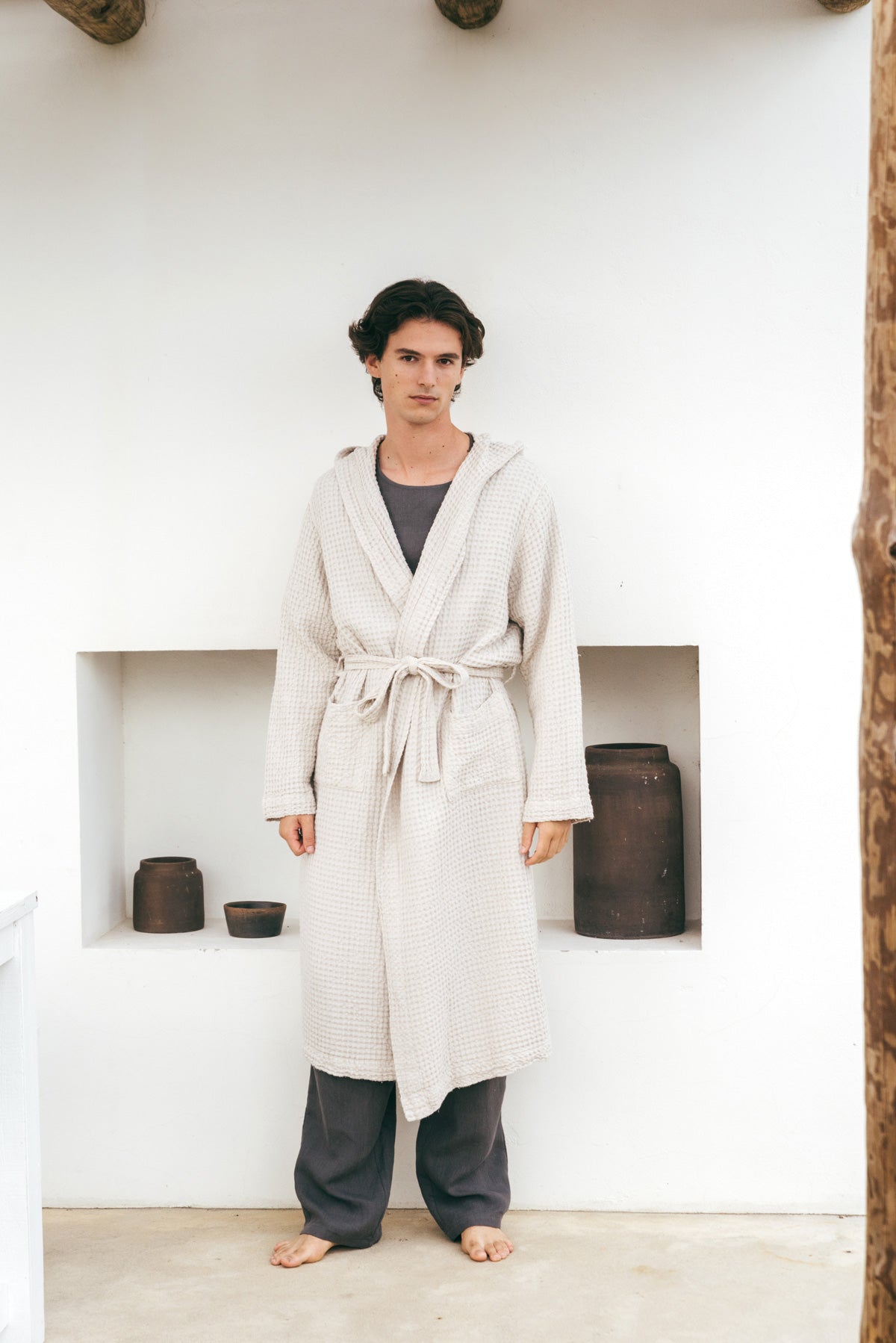 Men's waffle linen bathrobe