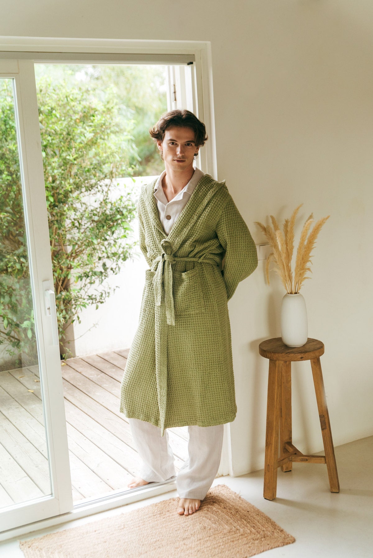 Men's waffle linen bathrobe