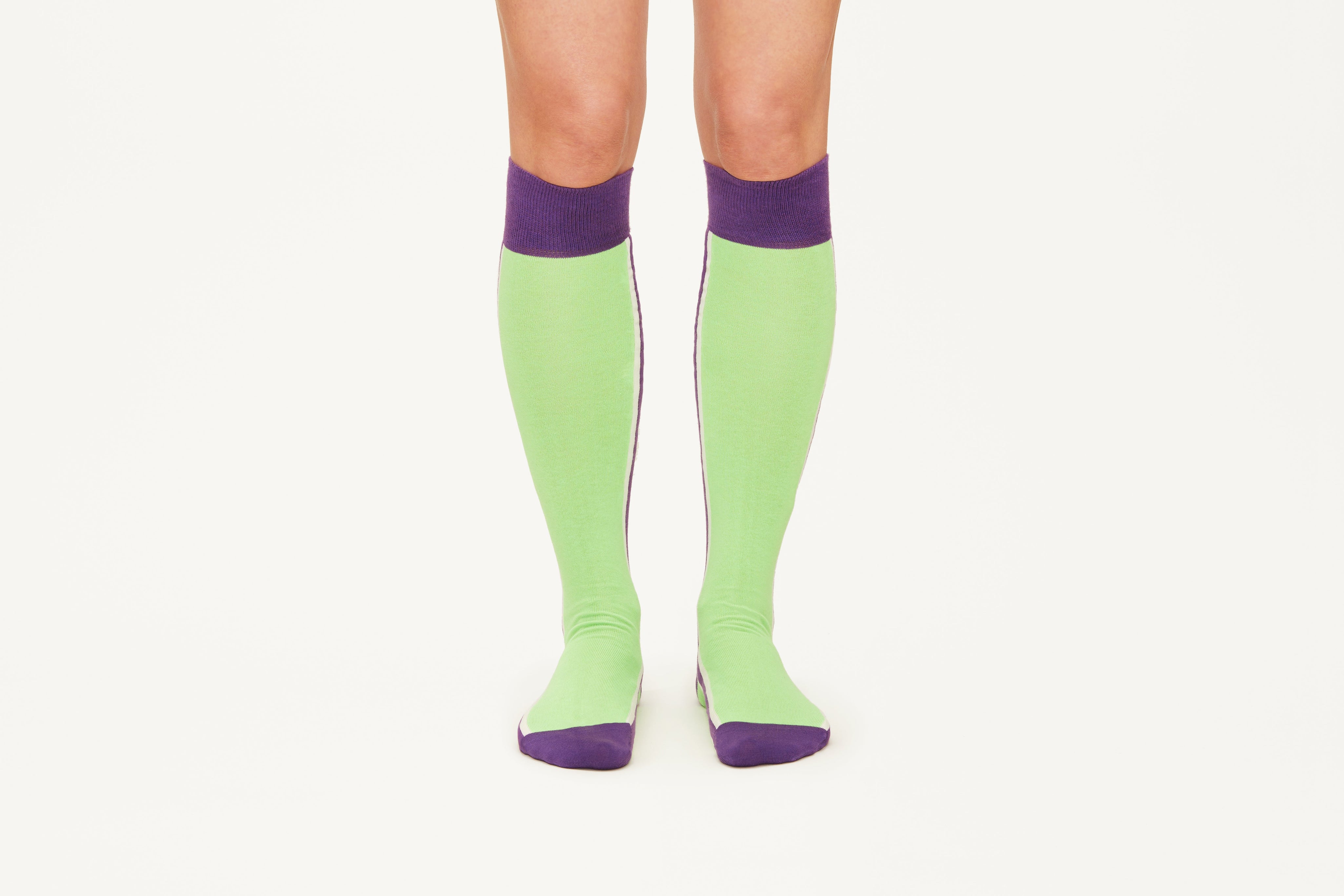 ELLA - Neon Green/Purple Double Side Stripes Cotton Knee Socks