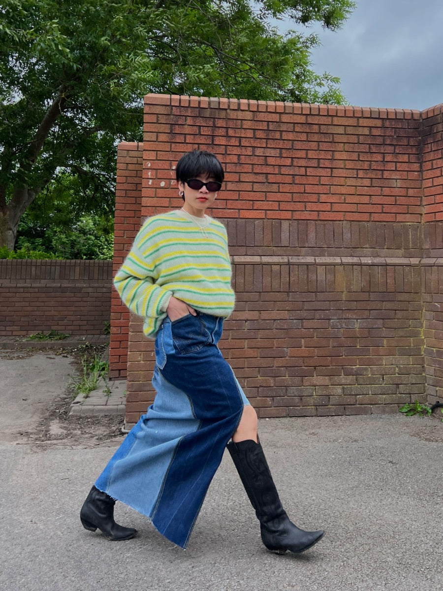 High Waisted Upcycled Patchwork Denim Long Skirt with Slit