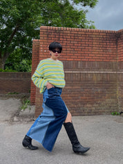 High Waisted Upcycled Patchwork Denim Long Skirt with Slit