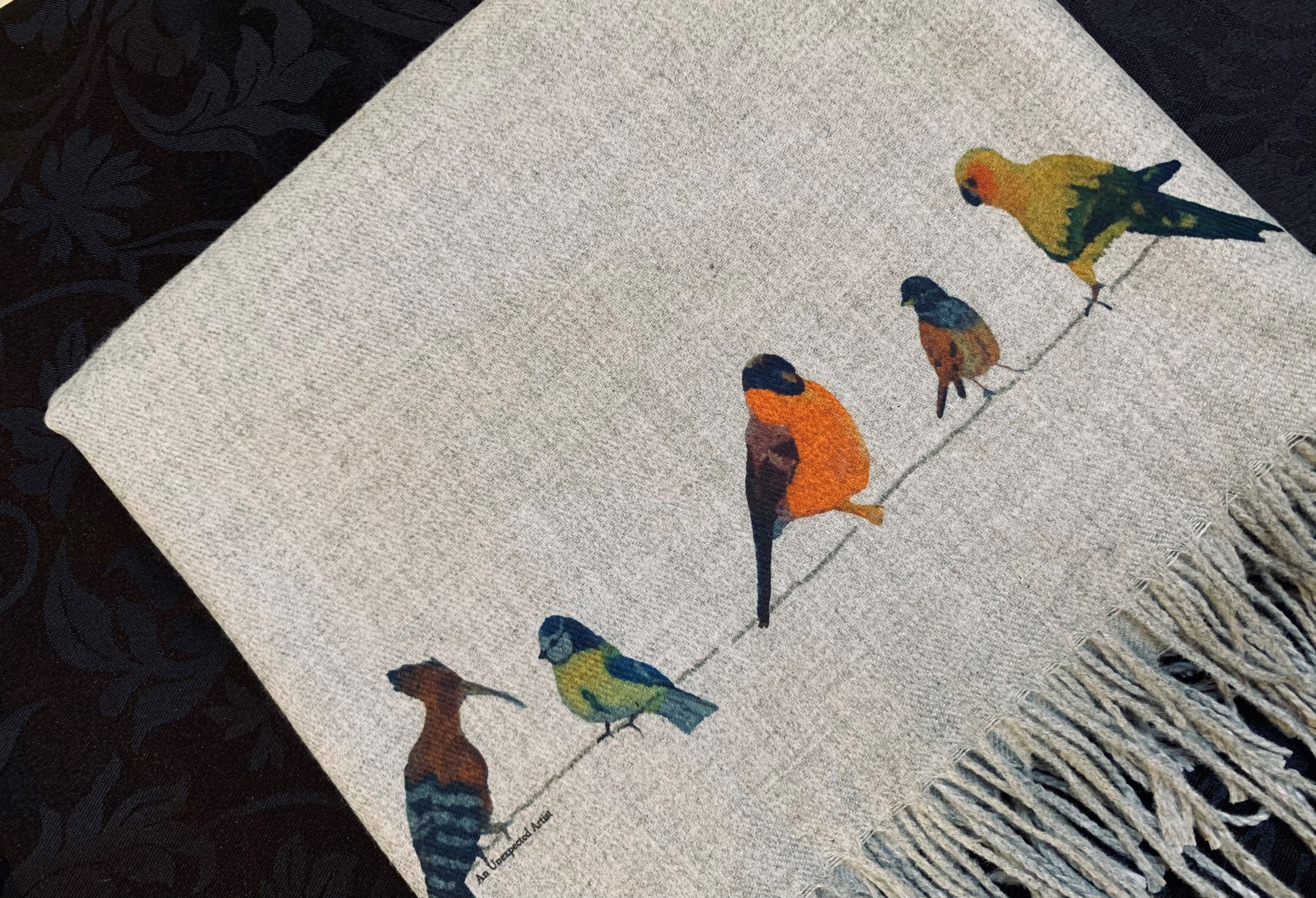 Cashmere Feel Luxury Scarf Handprinted With Birds on a Wire