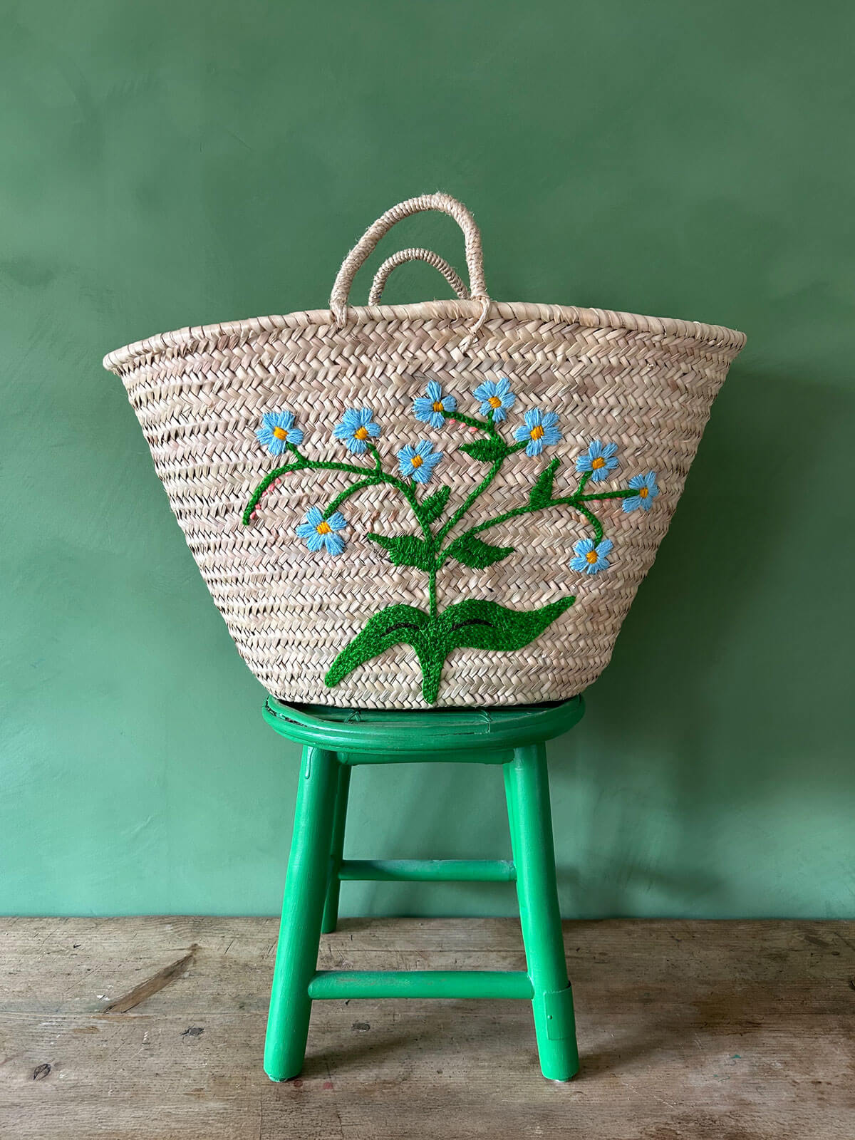 Hand Embroidered Market Basket, Forget-Me-Not