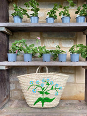 Hand Embroidered Market Basket, Forget-Me-Not