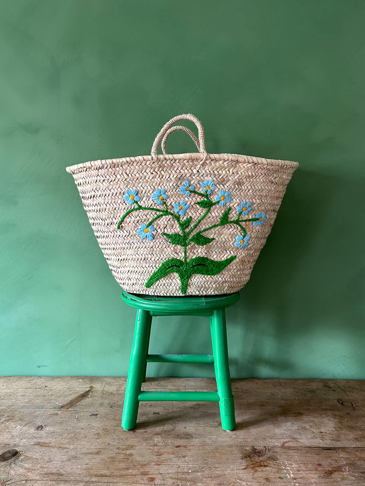 Hand Embroidered Market Basket, Forget-Me-Not