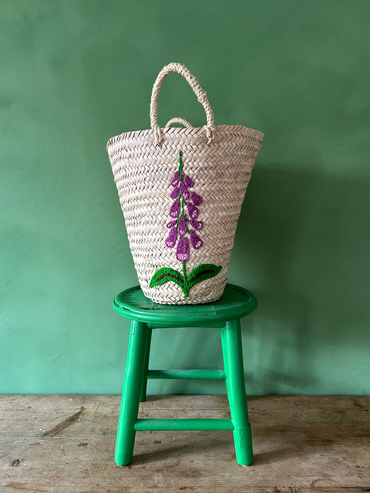 Hand Embroidered Bucket Basket, Foxglove