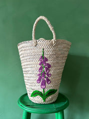 Hand Embroidered Bucket Basket, Foxglove