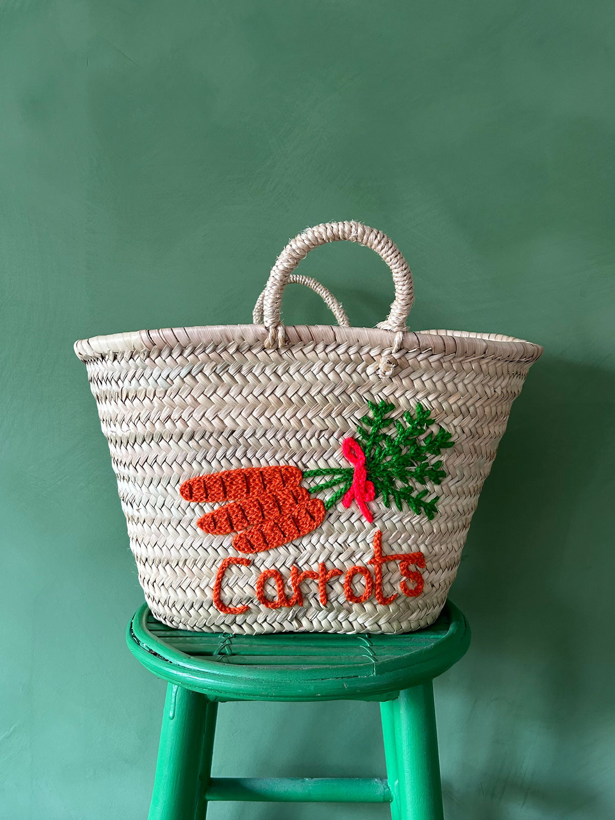 Hand Embroidered Market Basket, Carrots