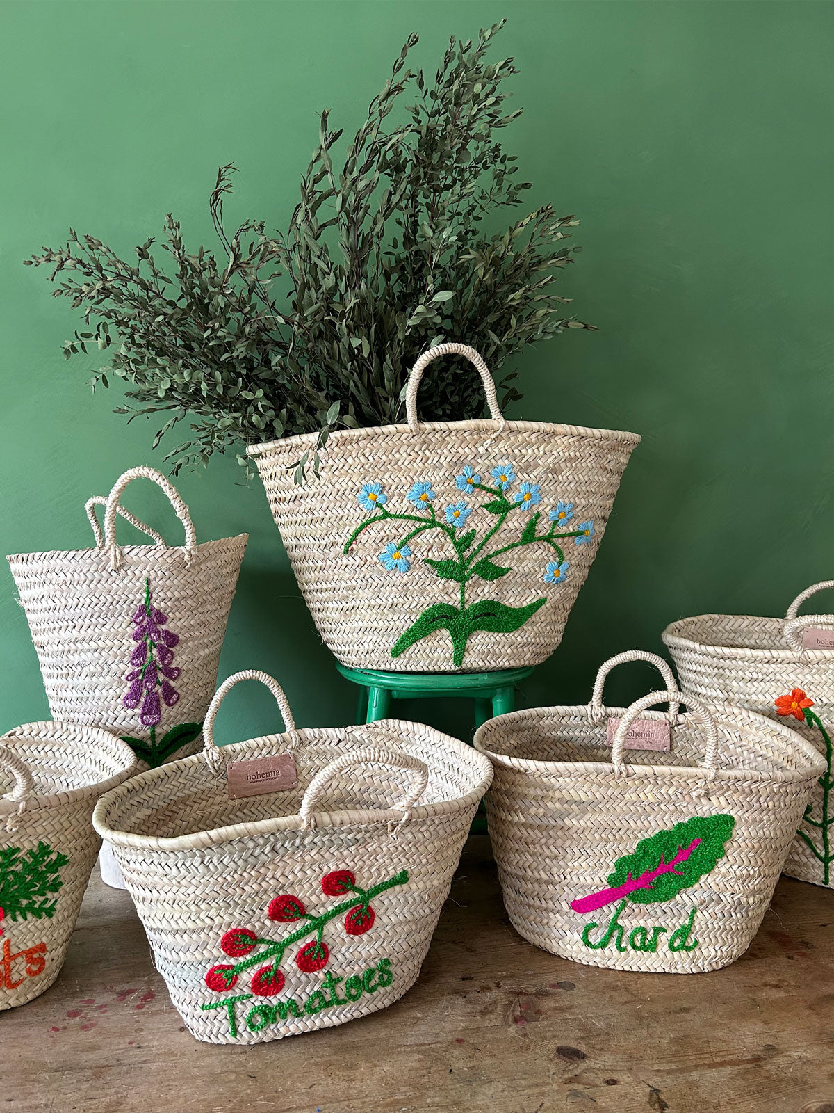 Hand Embroidered Market Basket, Forget-Me-Not