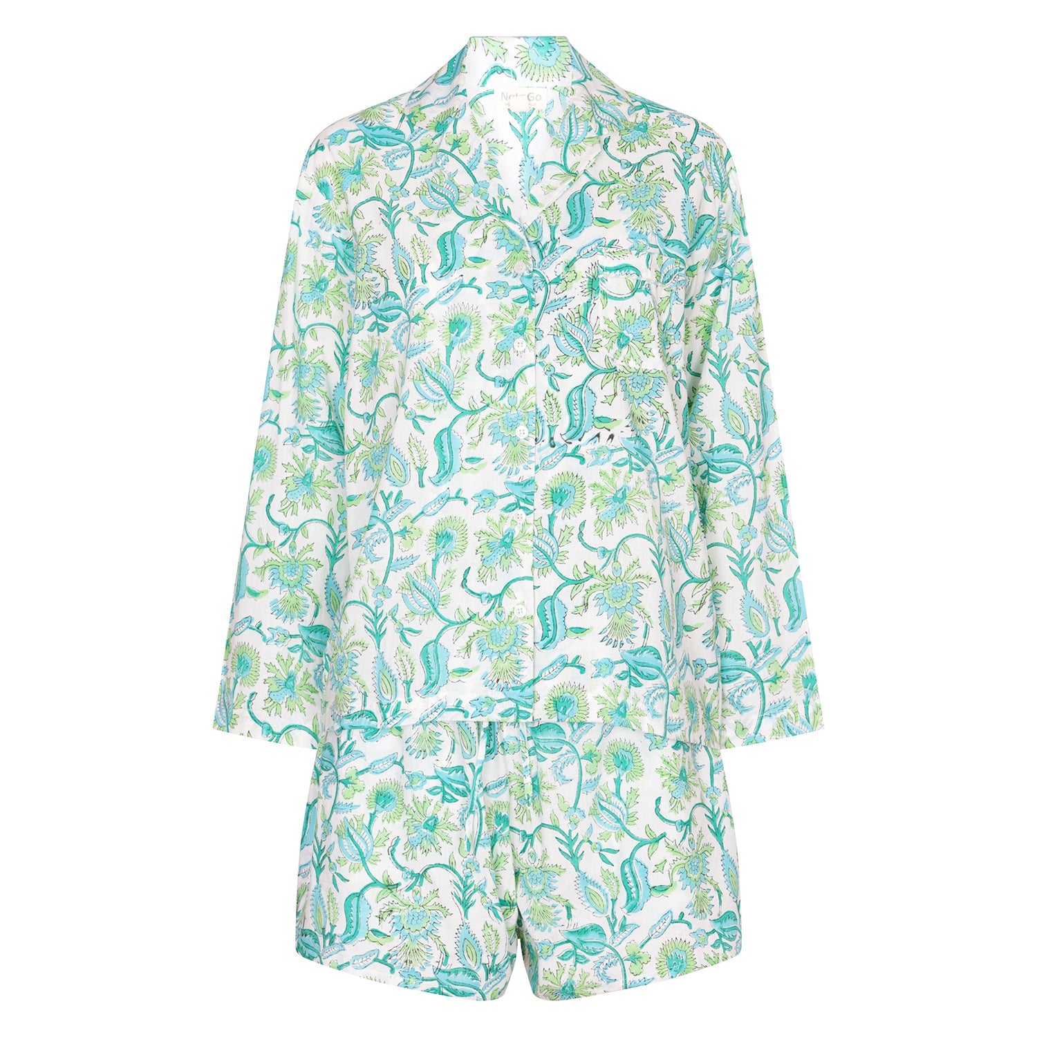 Hand Block Printed Cotton PJ Shorts Set - Apple Green