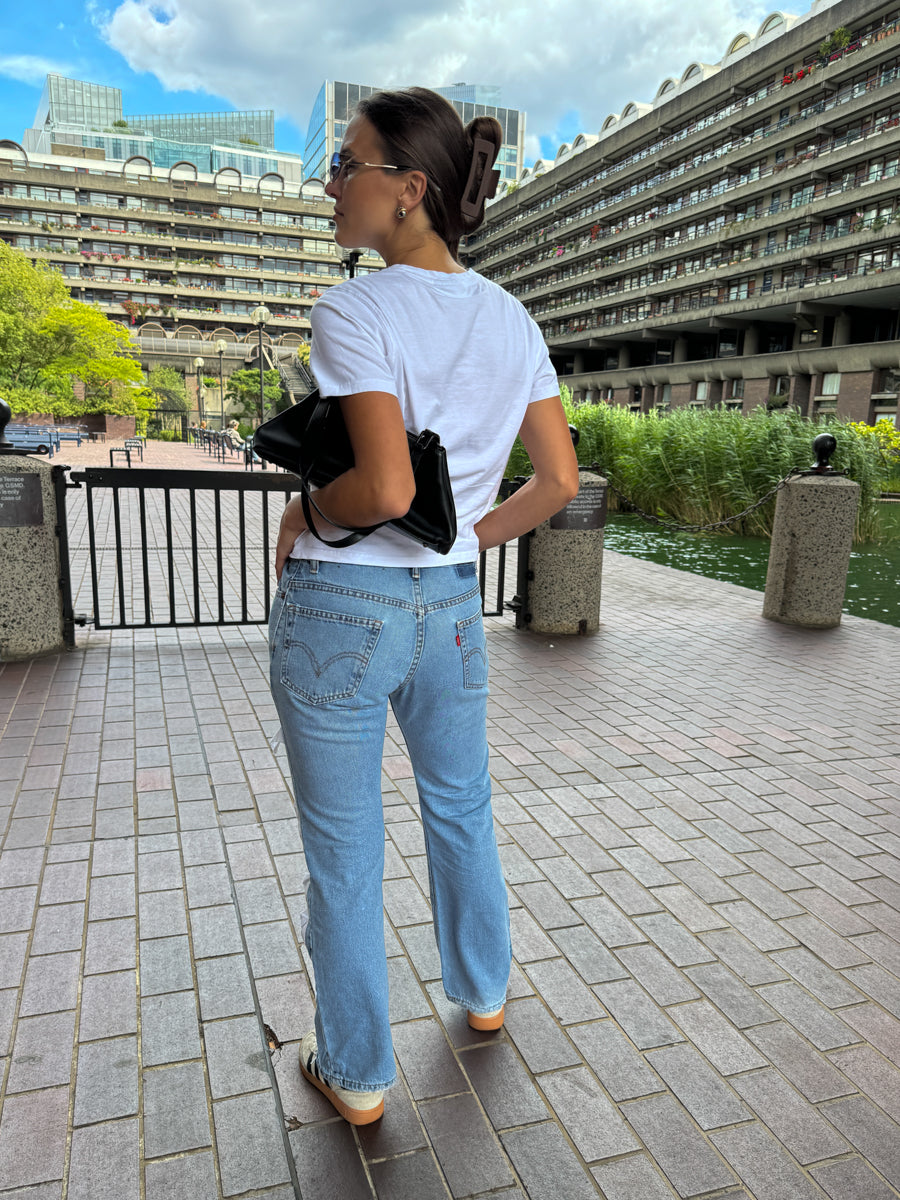 High Waisted Recycled "White Trim" Jeans, Blue Denim