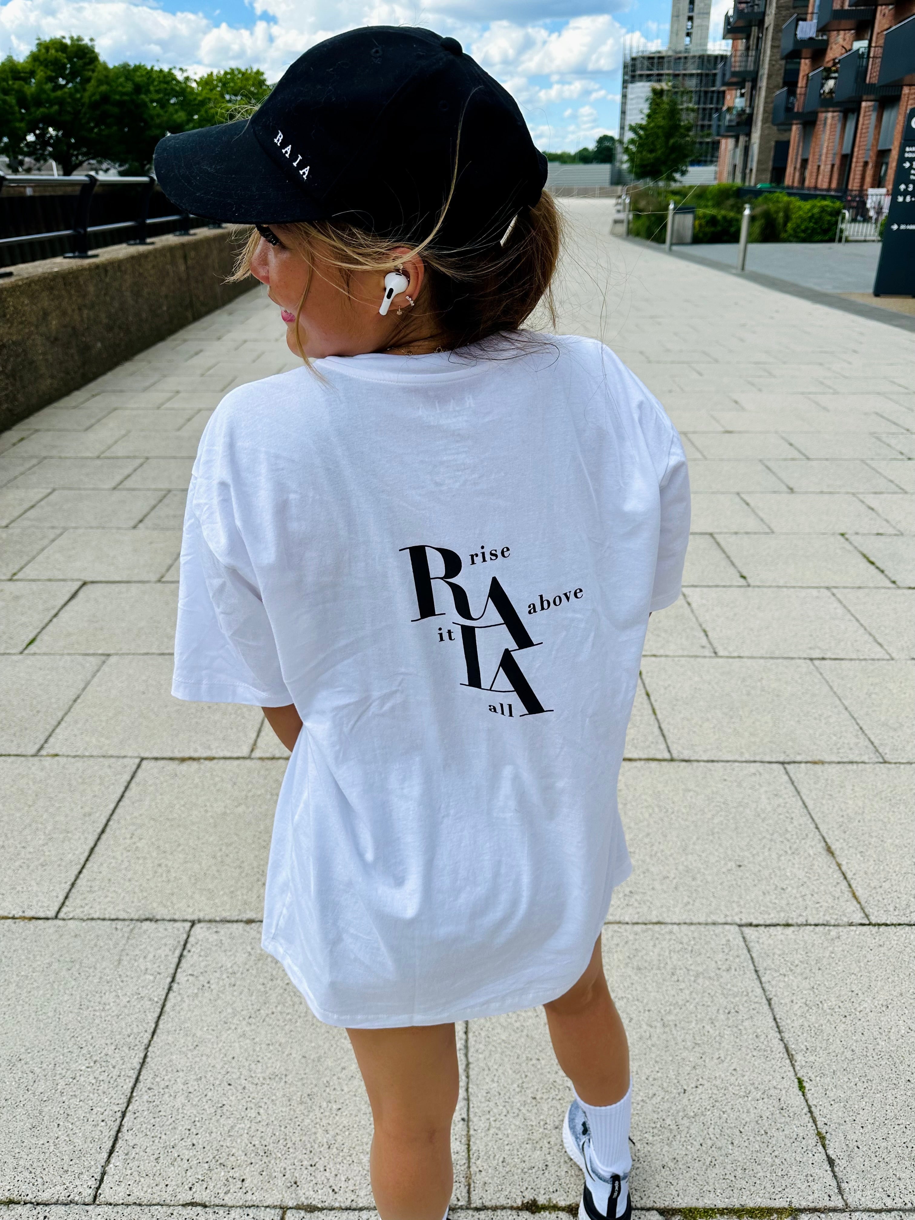 RAIA Unisex Oversized Cotton T-Shirt with "Rise Above It All" Logo -White R2