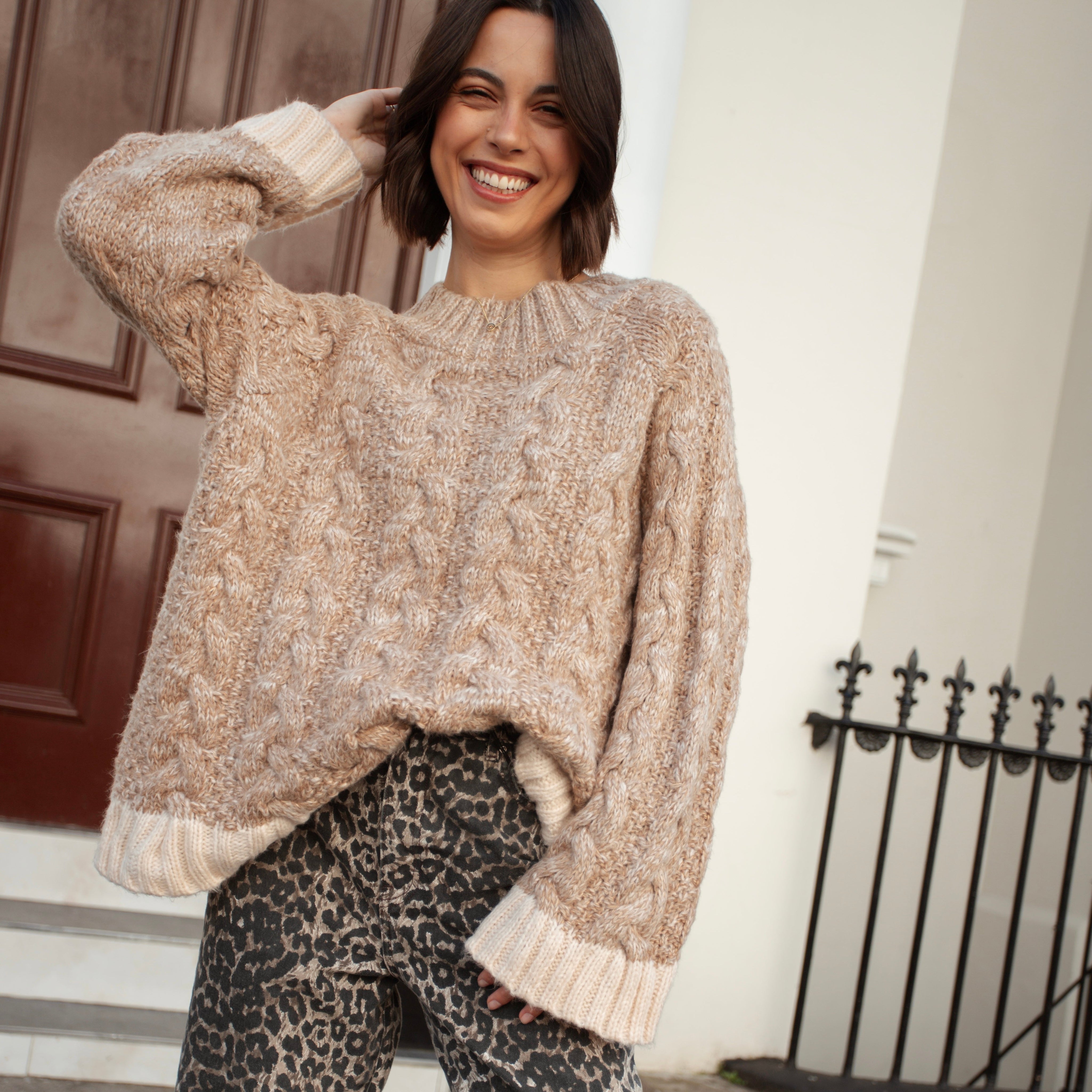 Jennie Cable High Neck Balloon Sleeve Jumper - Beige