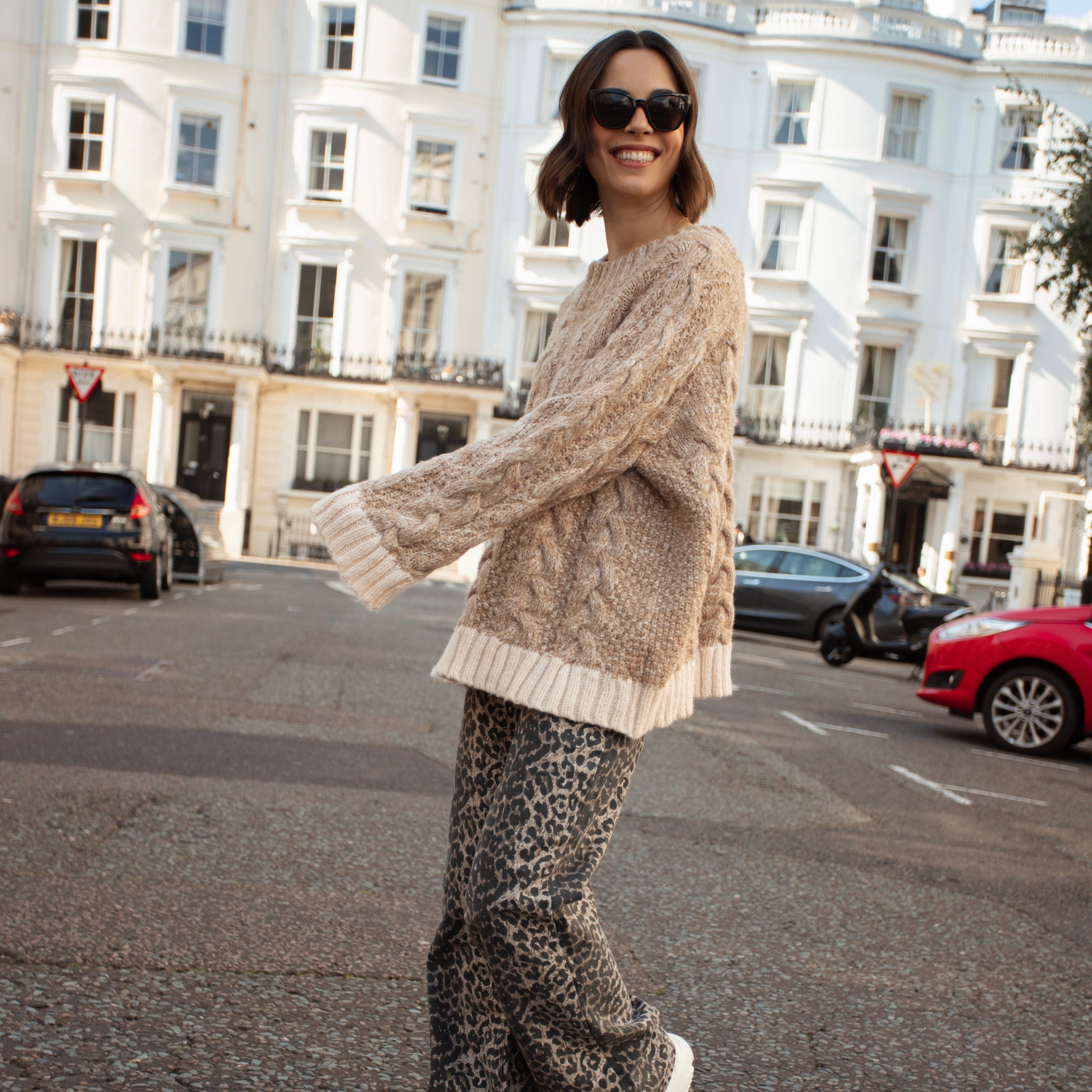 Jennie Cable High Neck Balloon Sleeve Jumper - Beige