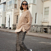 Jennie Cable High Neck Balloon Sleeve Jumper - Beige