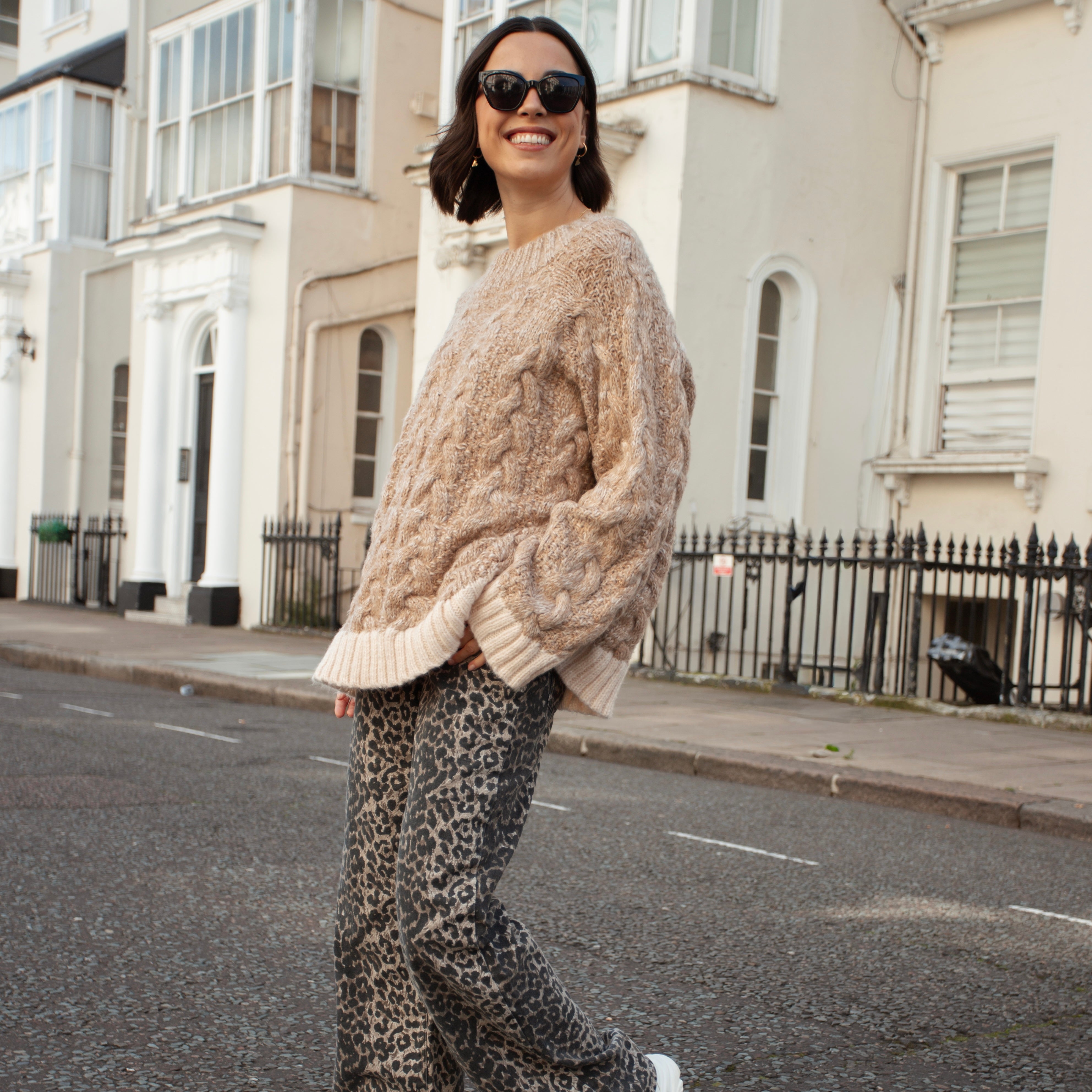 Jennie Cable High Neck Balloon Sleeve Jumper - Beige