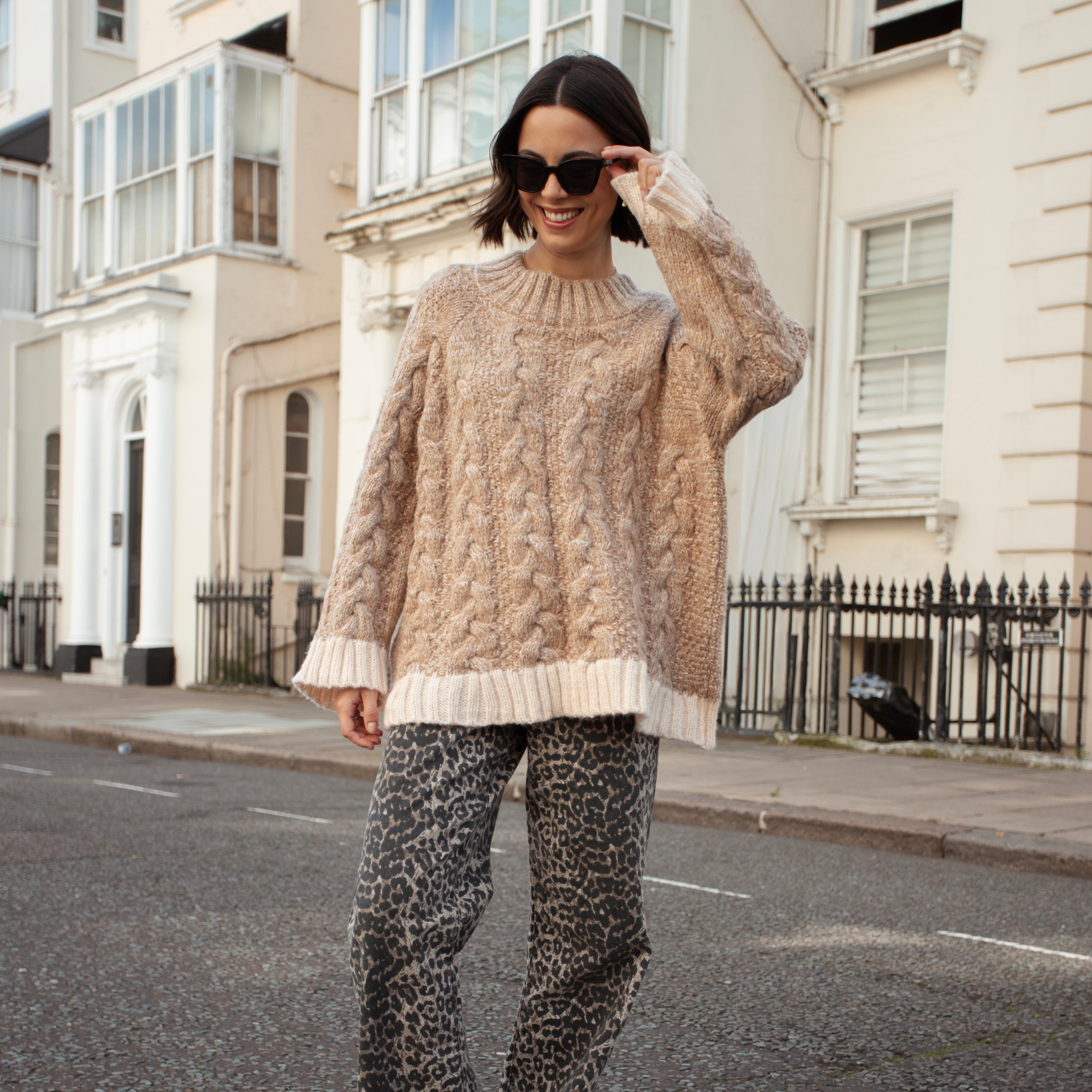 Jennie Cable High Neck Balloon Sleeve Jumper - Beige