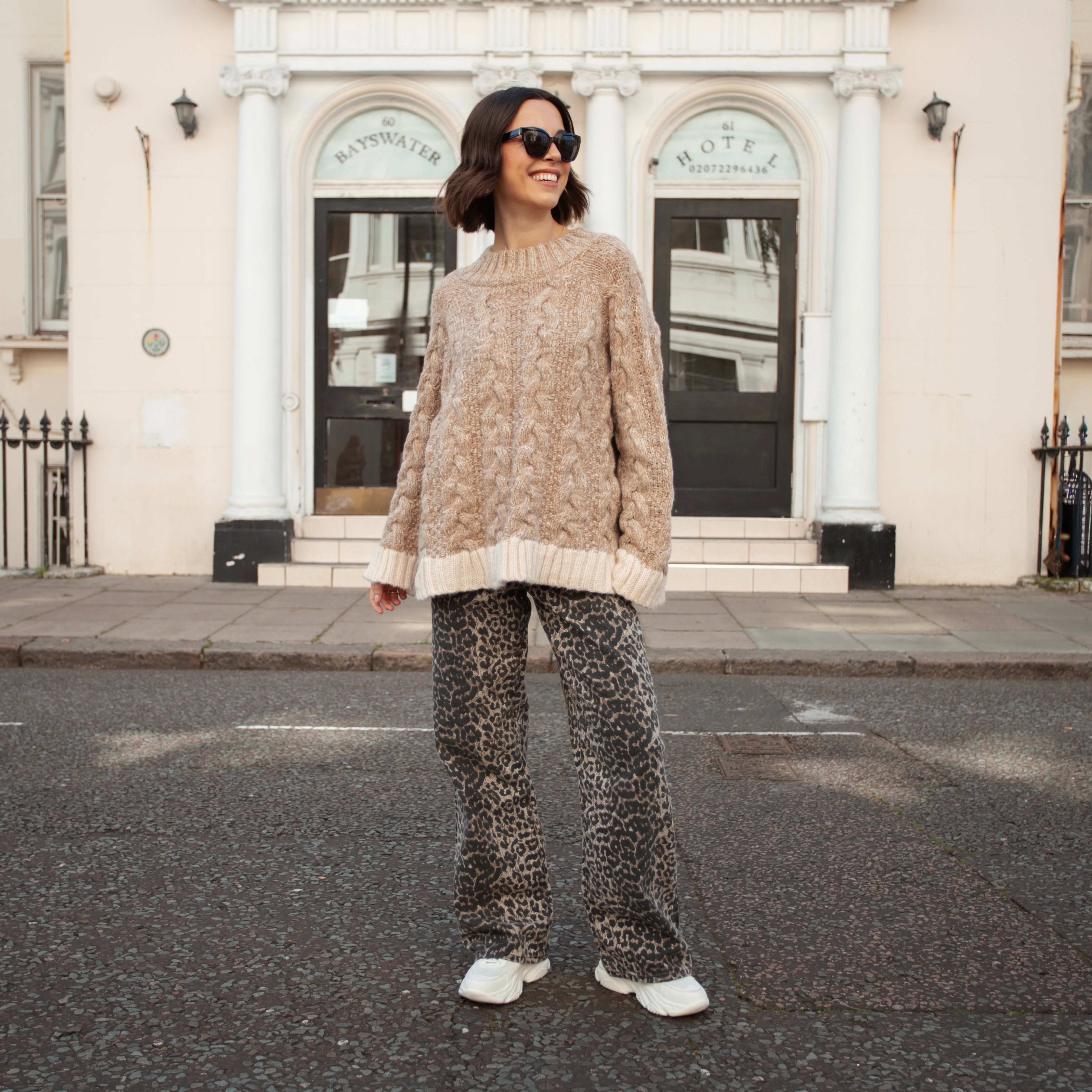 Jennie Cable High Neck Balloon Sleeve Jumper - Beige