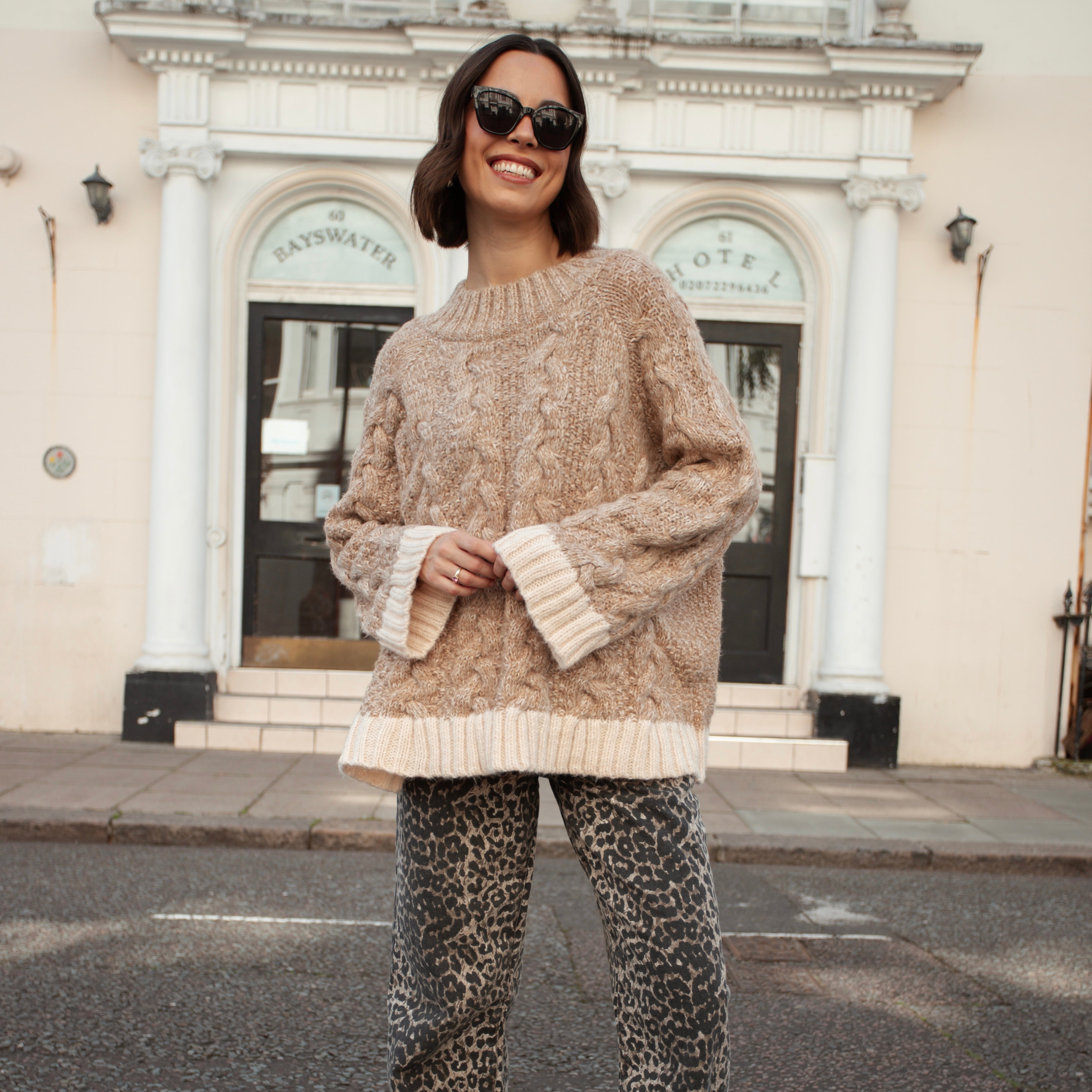 Jennie Cable High Neck Balloon Sleeve Jumper - Beige