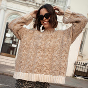 Jennie Cable High Neck Balloon Sleeve Jumper - Beige