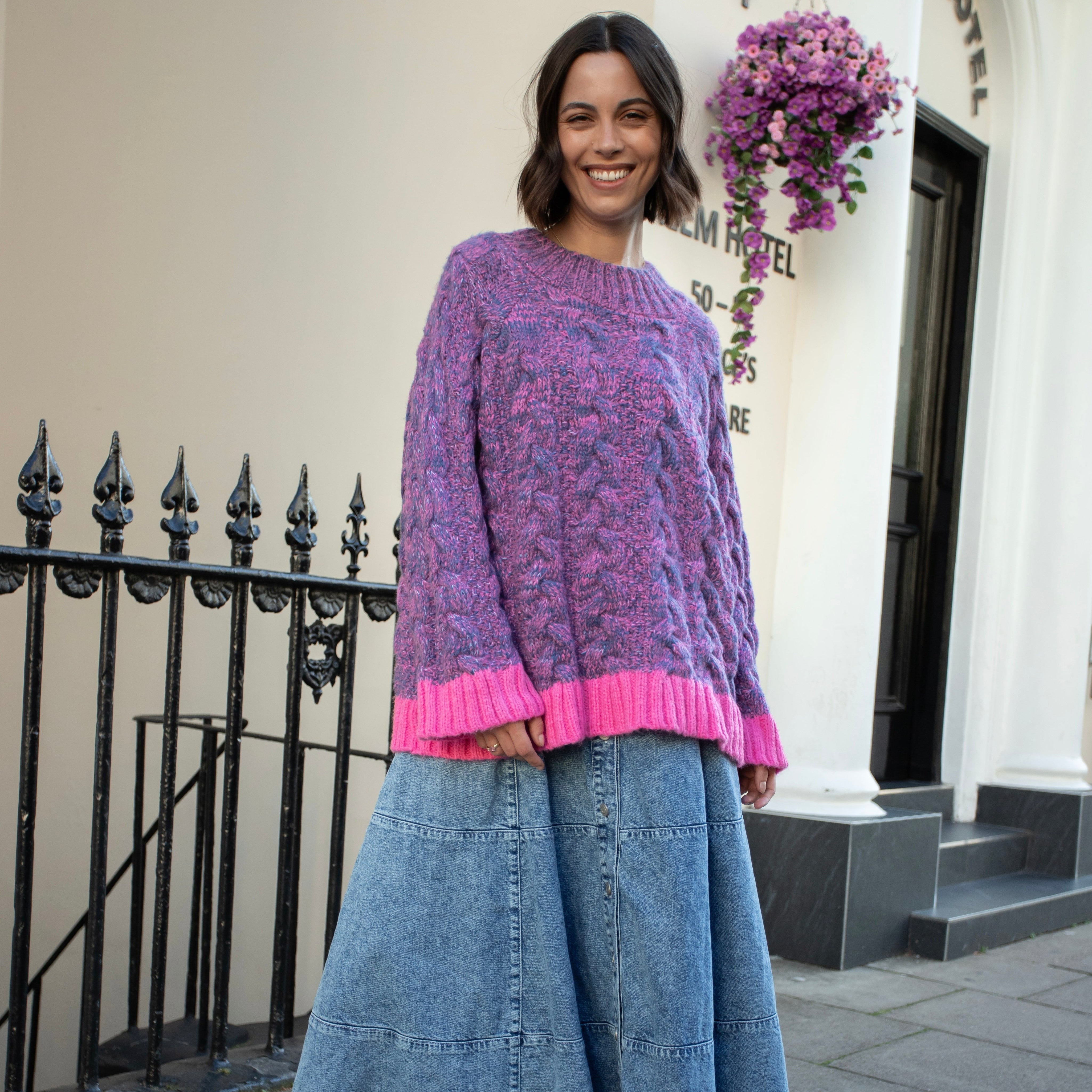 Jennie Cable High Neck Balloon Sleeve Jumper - Denim